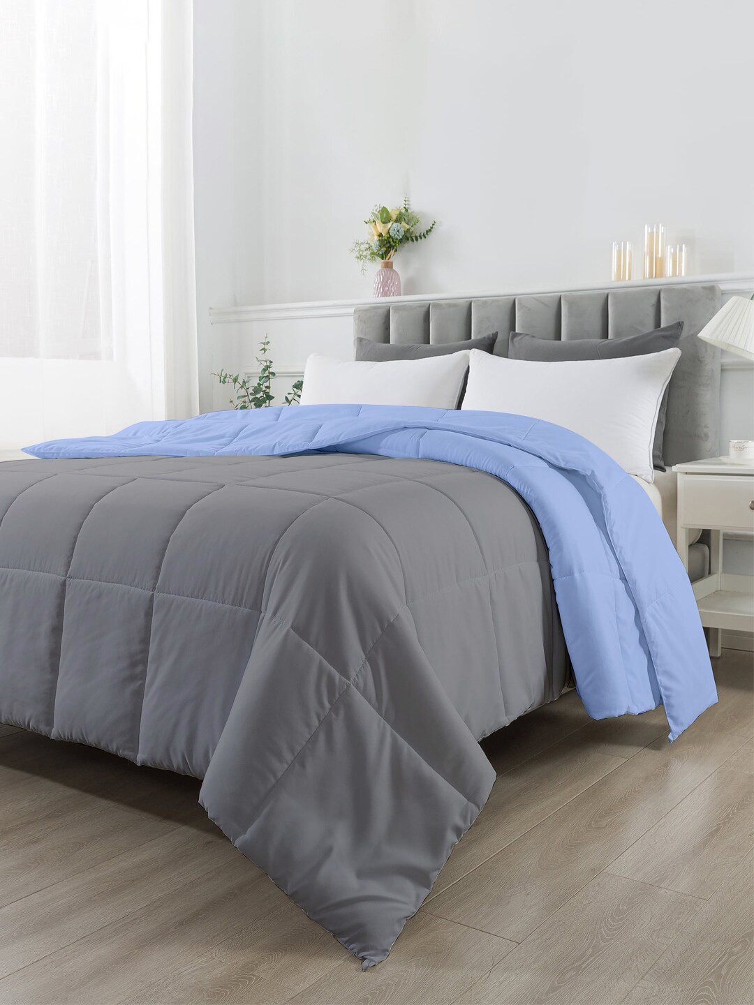 RAZZAI Blue Microfiber Mild Winter 210GSM Reversible Solid Comforters Double Bed Comforter