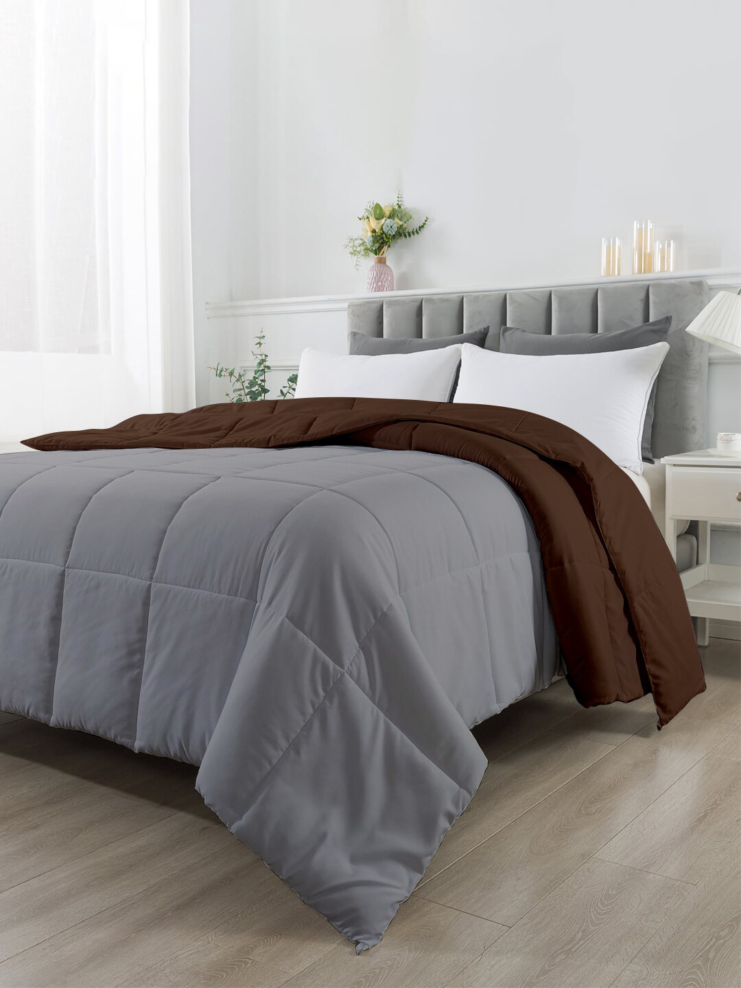 RAZZAI Silver-Toned & Coffee Brown Microfiber 210 GSM Reversible Single Bed Comforter