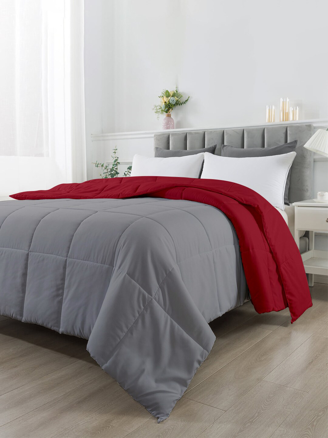 RAZZAI Burgundy & Silver-Toned Microfiber Mild Winter 210 GSM Double Bed Comforter