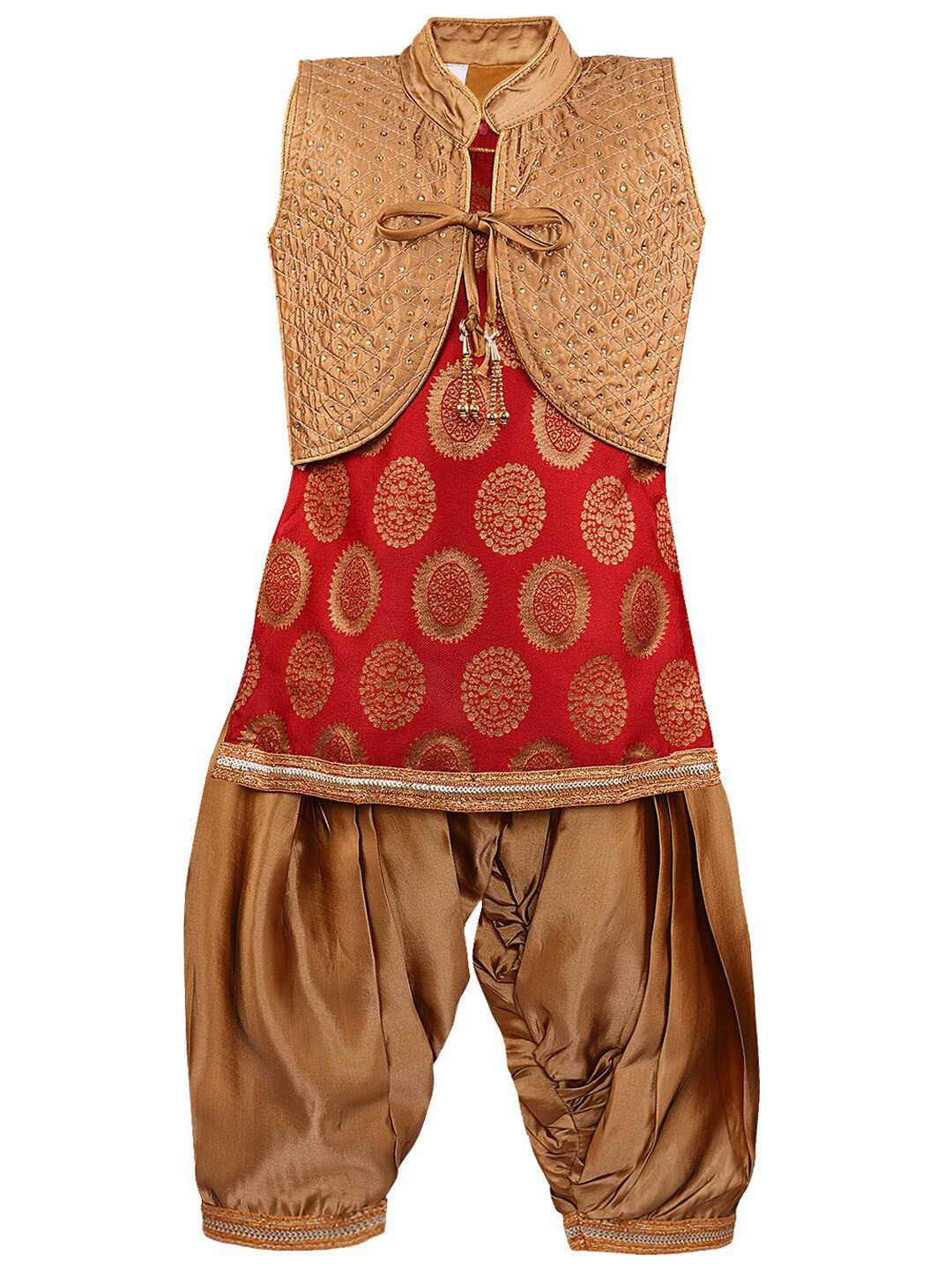 Wish Karo Girls Maroon & Brown Printed Kurta With Dhoti Pants & With Waistcoat