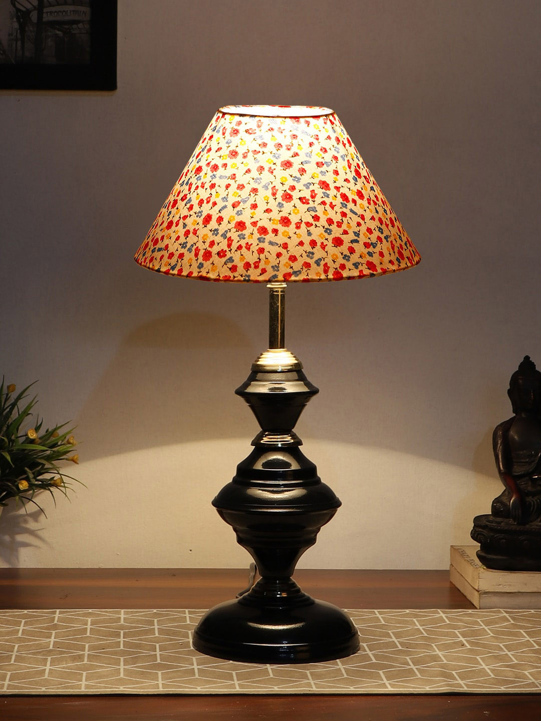 Devansh White & Pink Printed Table Lamp With Shade