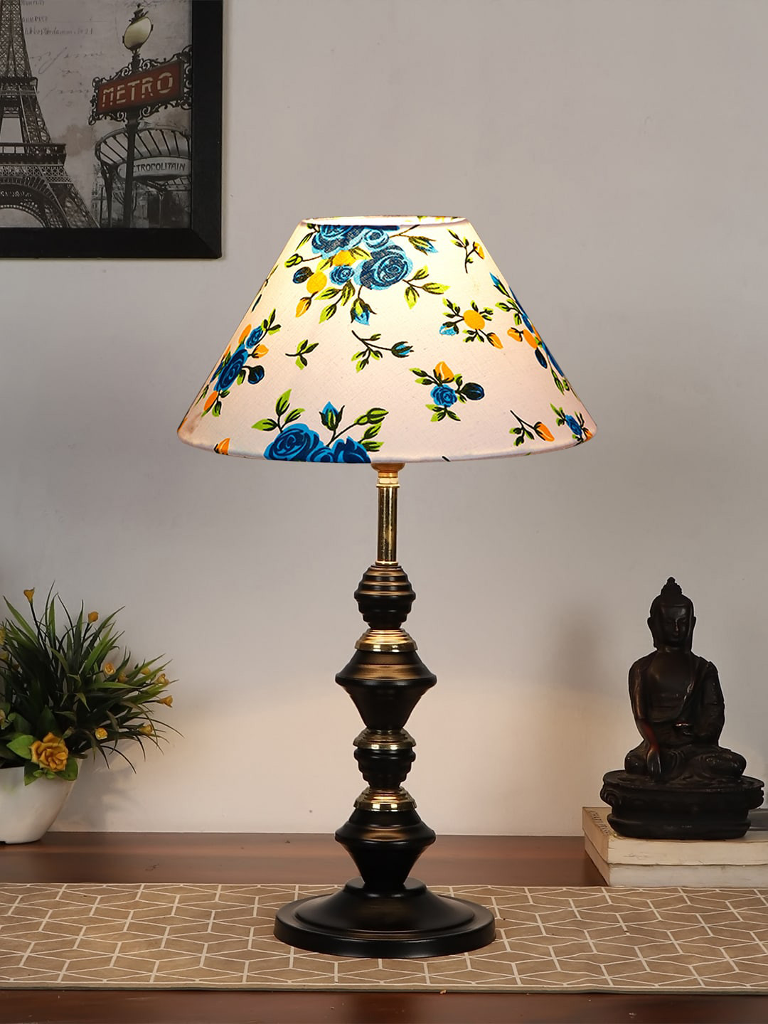 Devansh White & Blue Printed Table Lamps With Iron Base