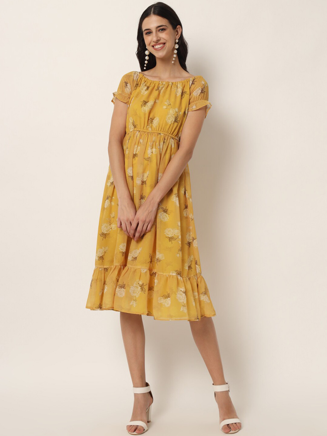 VAIRAGEE Mustard Yellow Floral Off-Shoulder Georgette Midi Dress