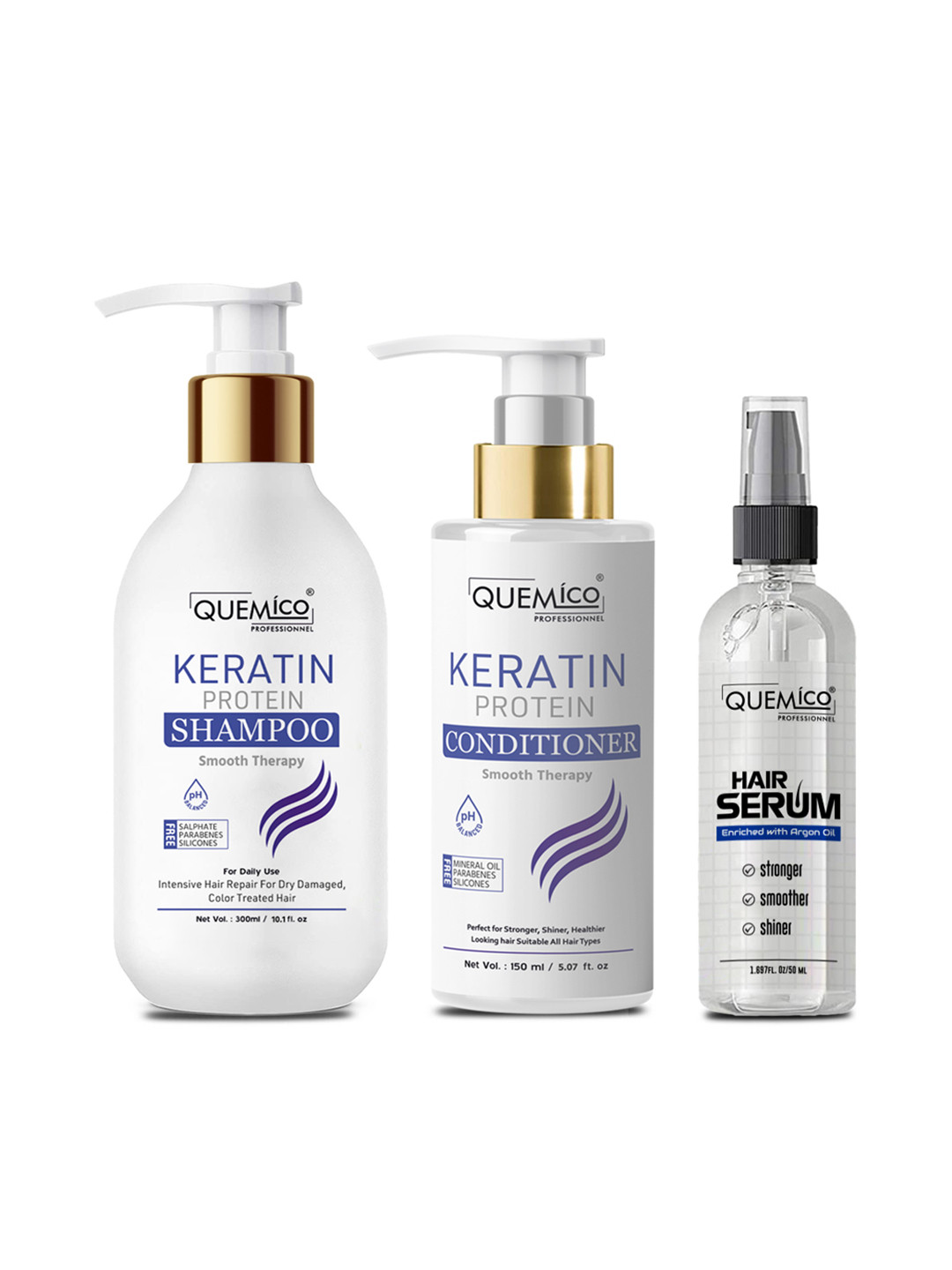 Quemico Professionnel Sulphate Free Keratin Protein Smooth Shampoo & Conditioner with Professional Hair Serum Set