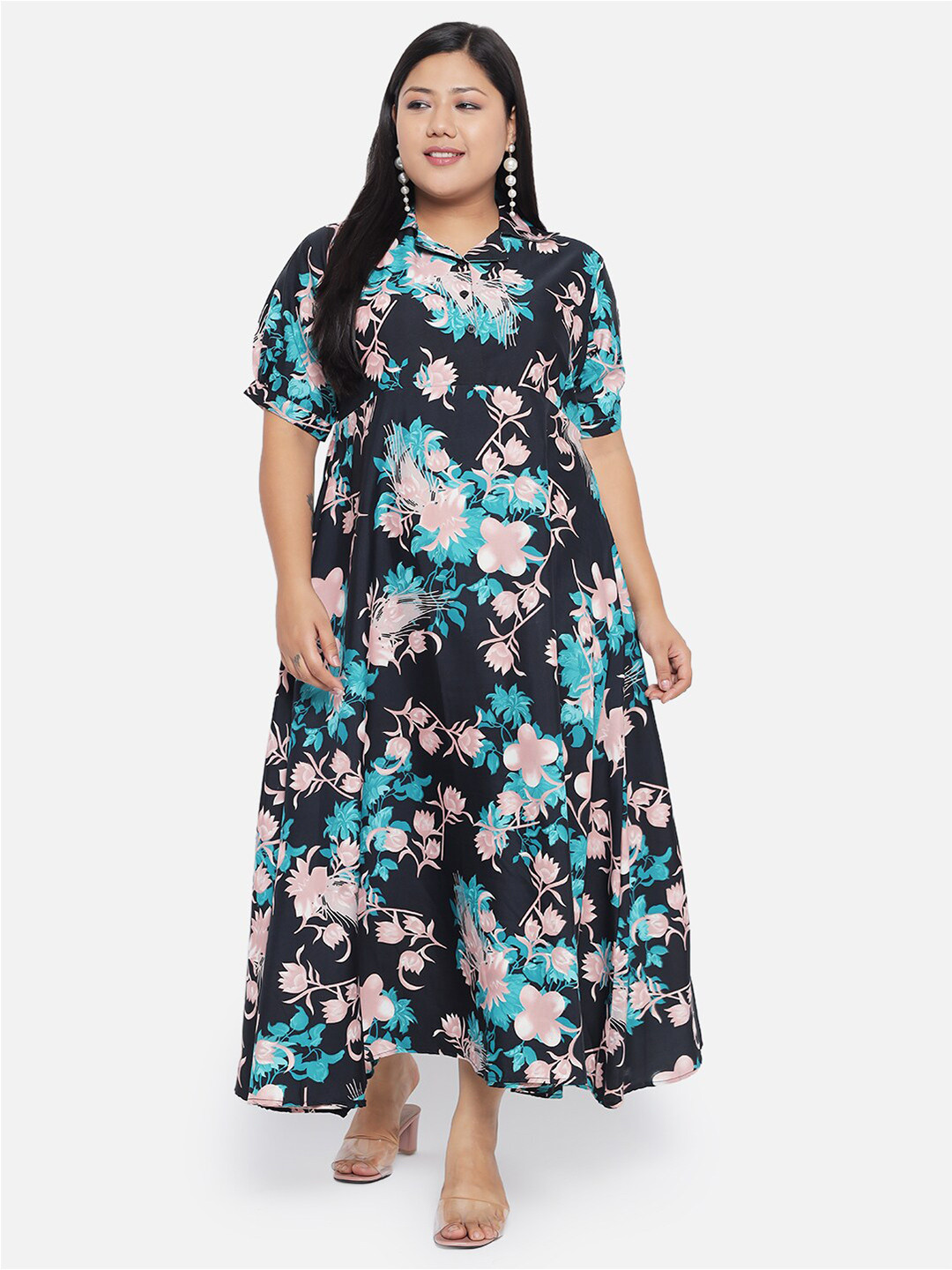 Indietoga Black & Pink Plus Size Floral Crepe Maxi Maxi Dress