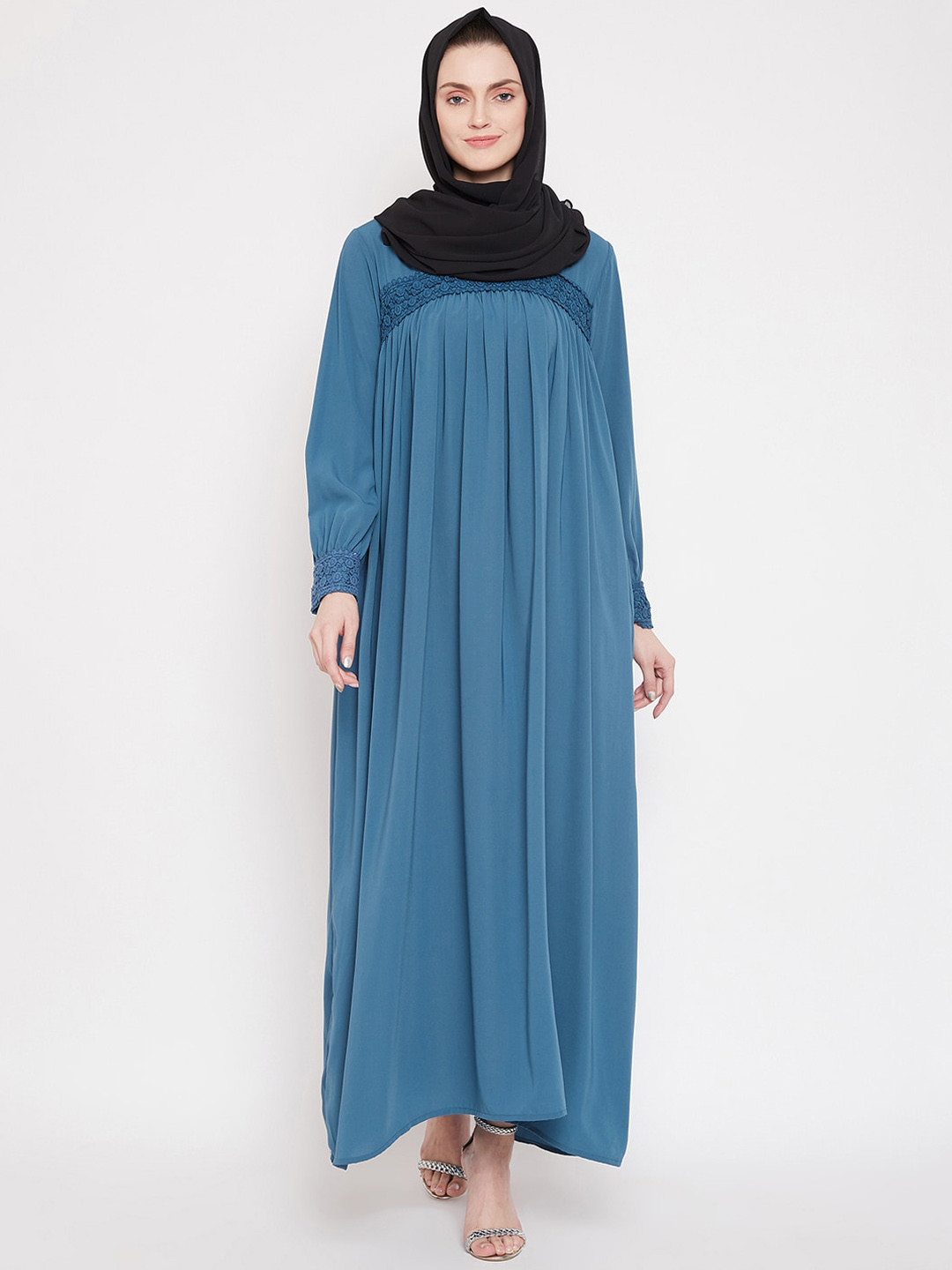 NABIA Women Blue Solid Lace Work Abaya Burqa