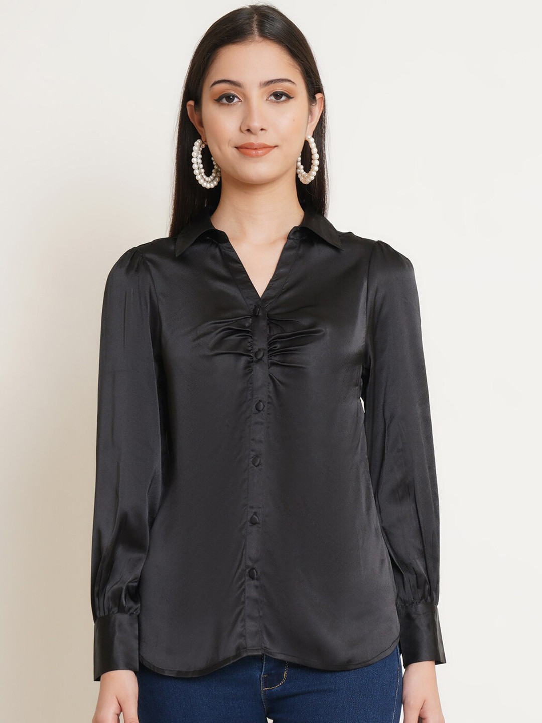 IX IMPRESSION Black Satin Solid Shirt Style Top