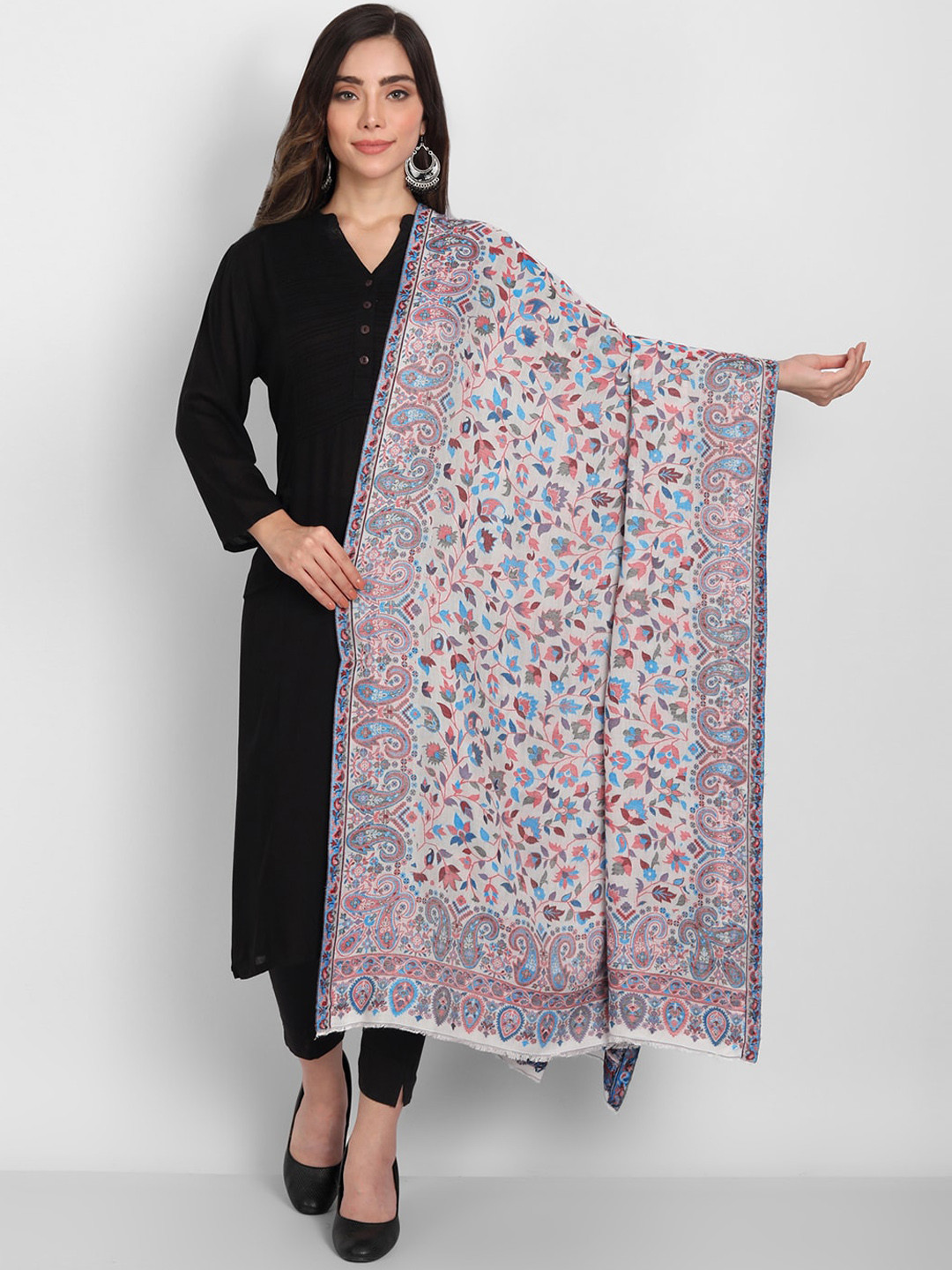 Zamour Women White & Blue Woven Paisley Design Shawl