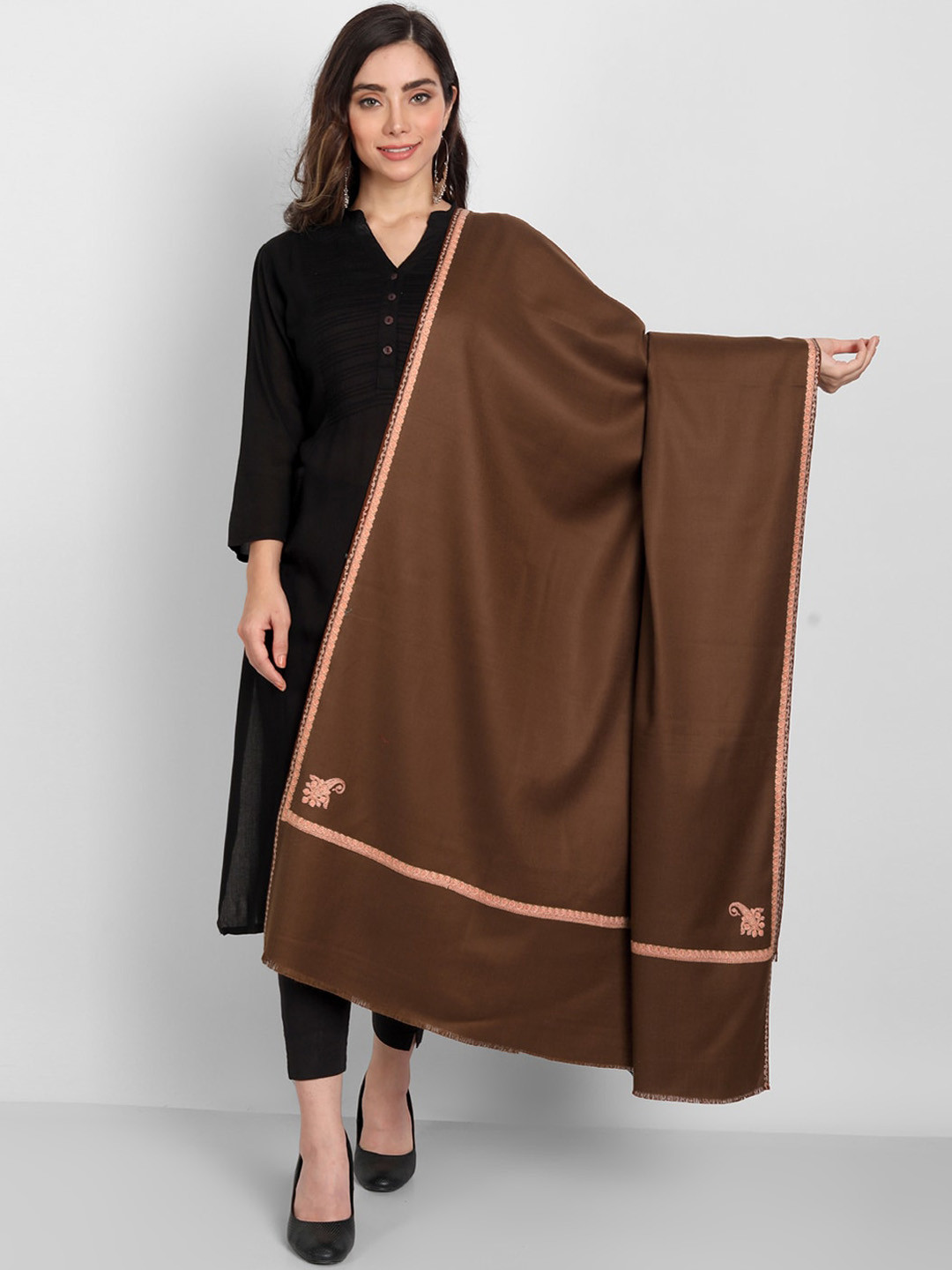 Zamour Women Brown Fine Motif Embroidered Wool Shawl