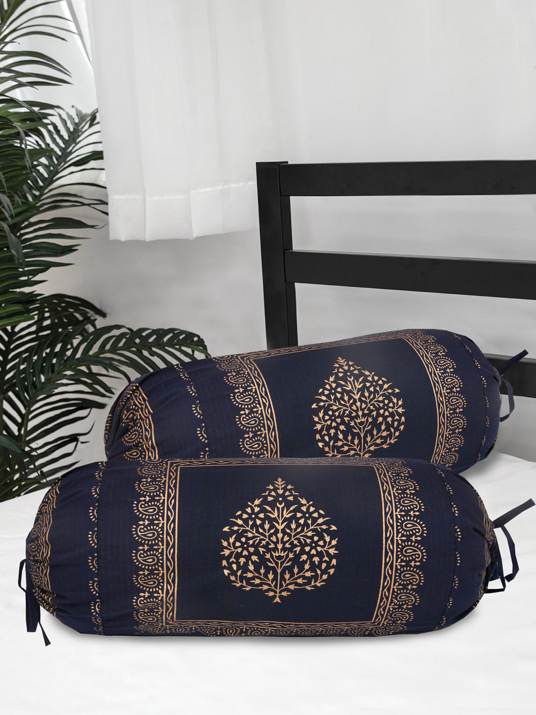 Clasiko Set Of 2 Blue & Gold-Colored Printed Cotton  Bolster Covers
