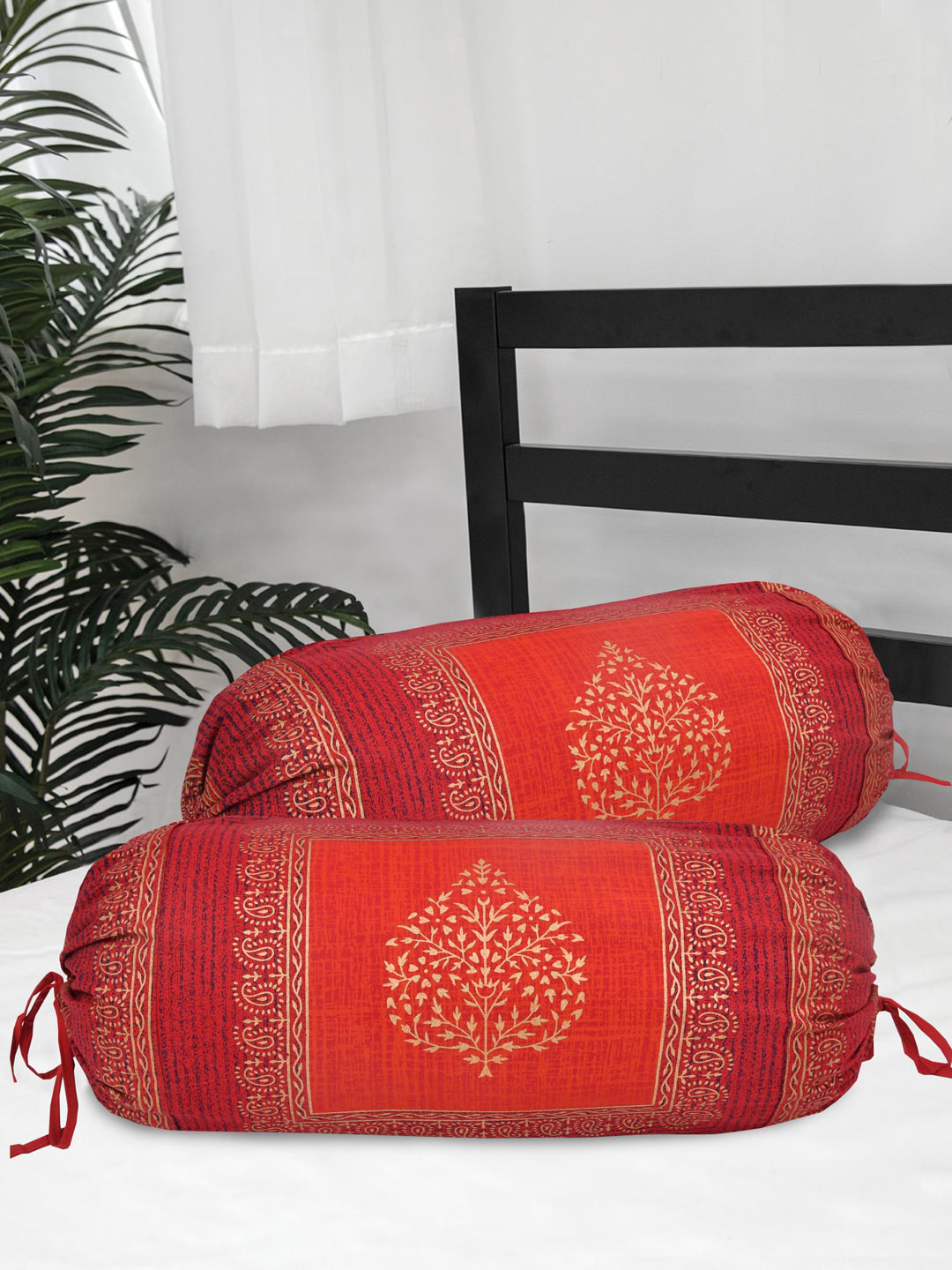 Clasiko Set Of 2 Red & Gold Printed Bolster Covers