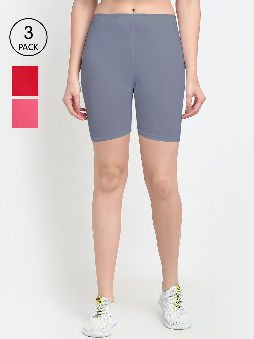 GRACIT Set of 3 Women Red, Pink & Grey Cycling Sports Shorts
