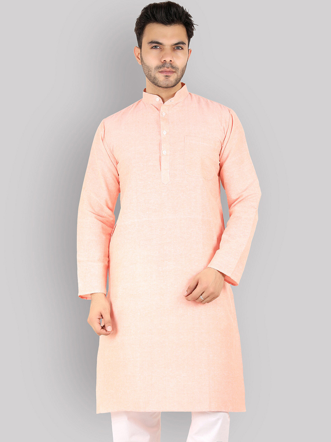 Latest Chikan Garments Men Peach Solid Straight Cotton Kurta
