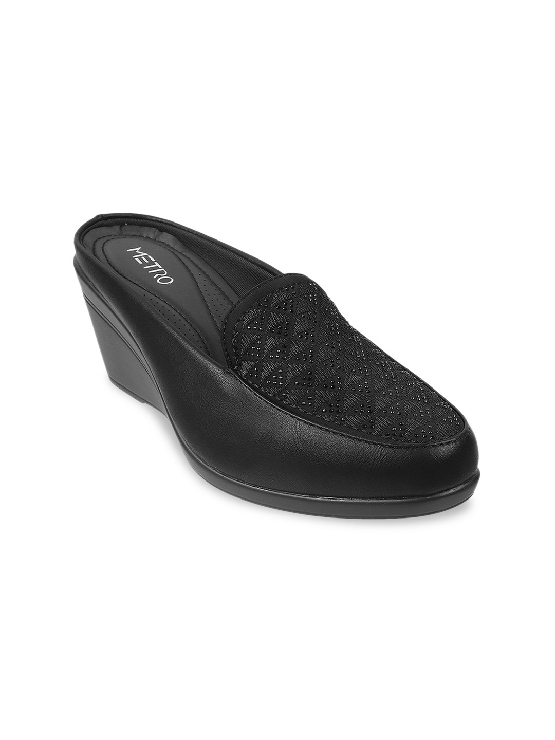 Metro Women Black Embellished Wedge Mules