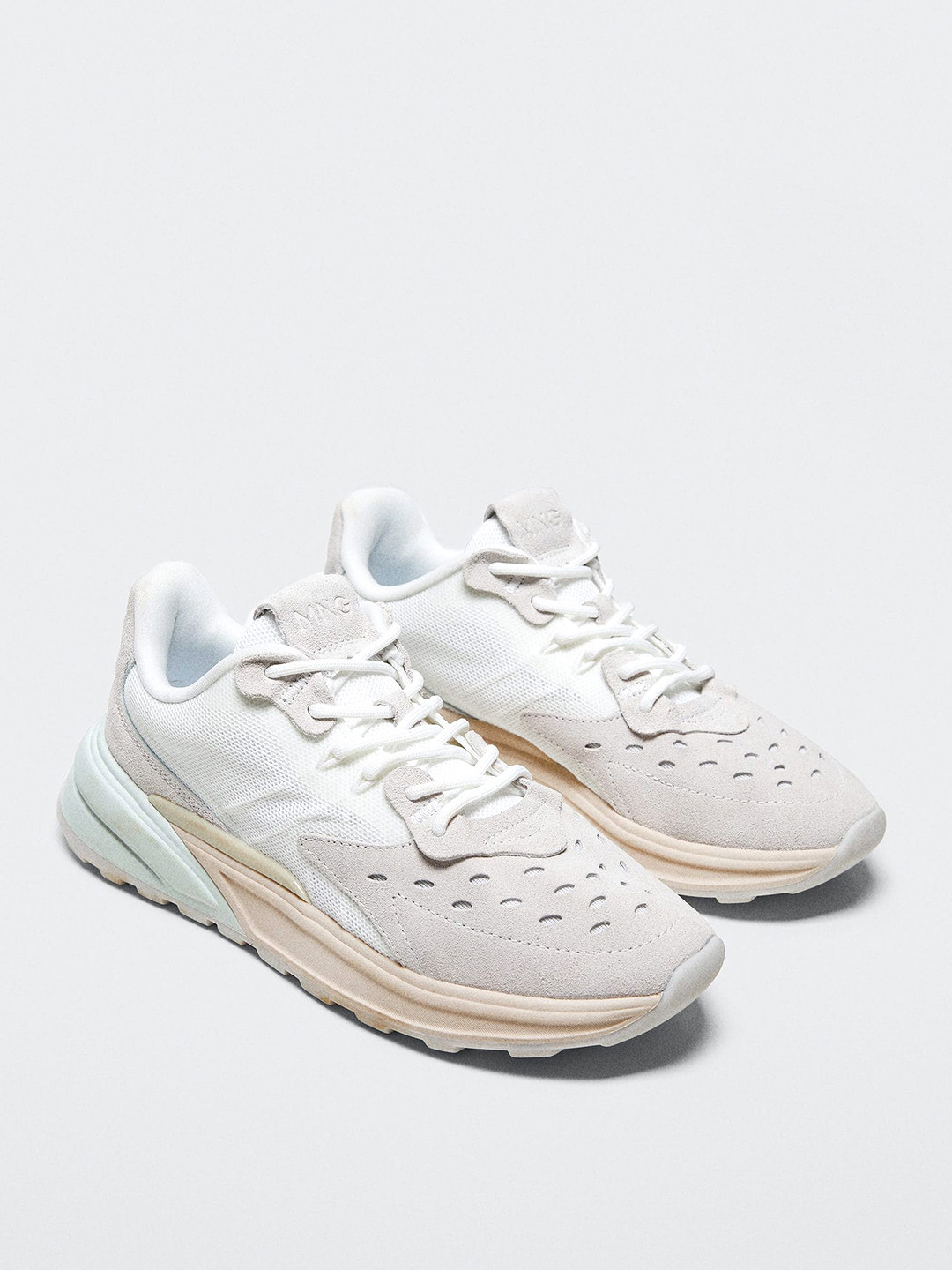 MANGO Women Grey & White Colourblocked Perforated Leather SHADOW Sports Shoes