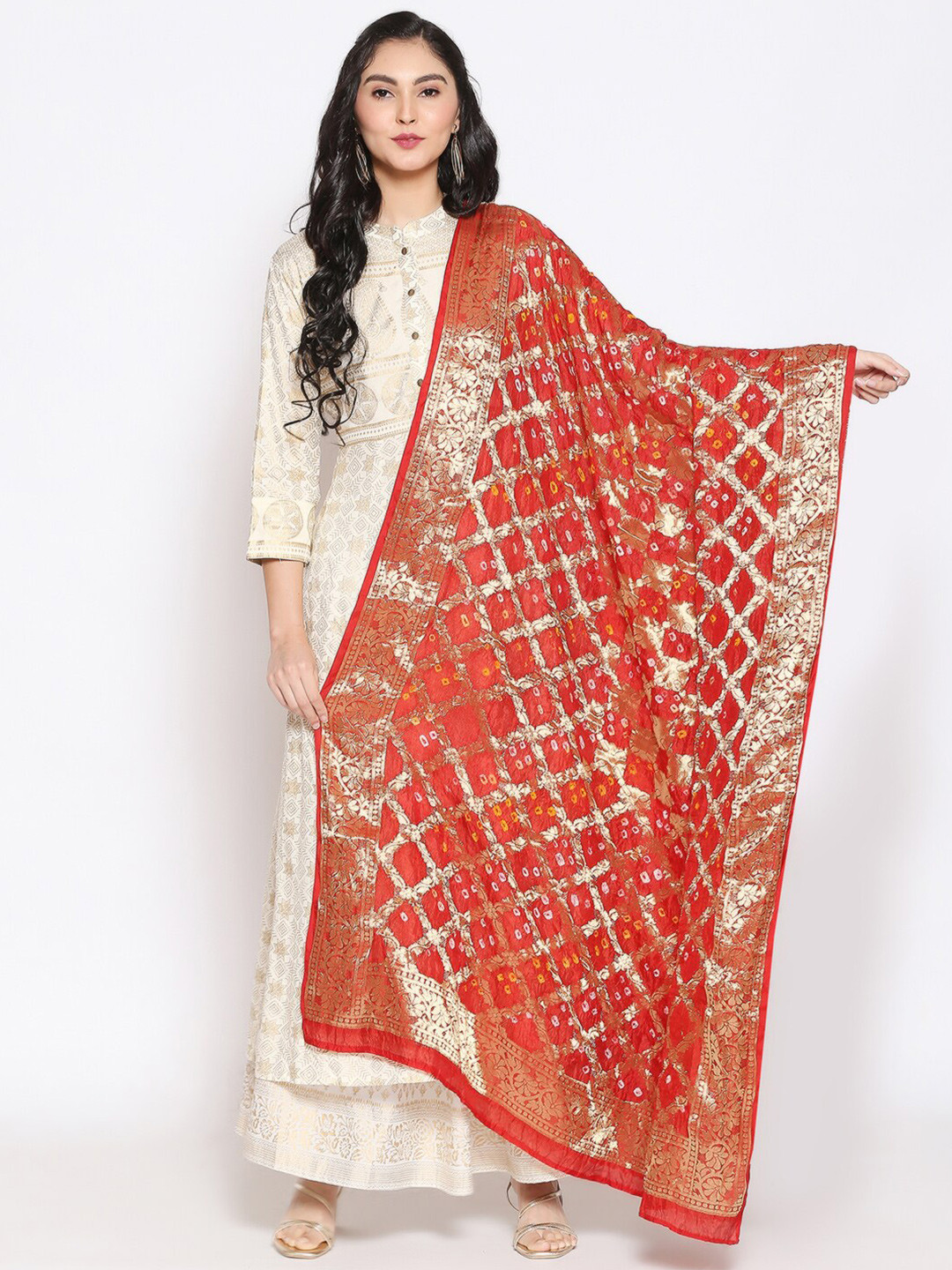 Dupatta Bazaar Red & Gold-Toned Woven Design Silk Banarasi Dupatta