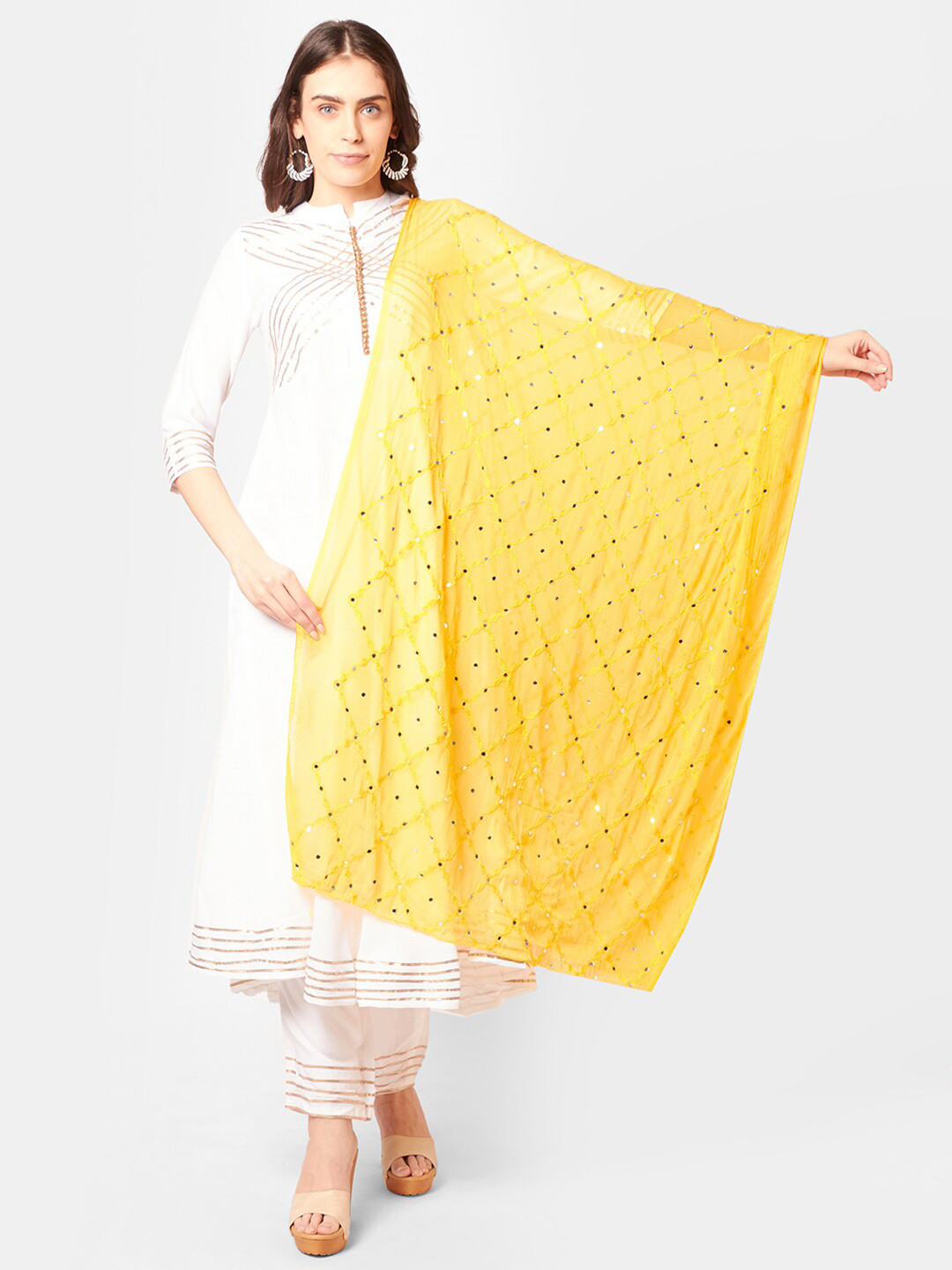 Dupatta Bazaar Yellow & White Ethnic Motifs Embroidered Dupatta with Mirror Work
