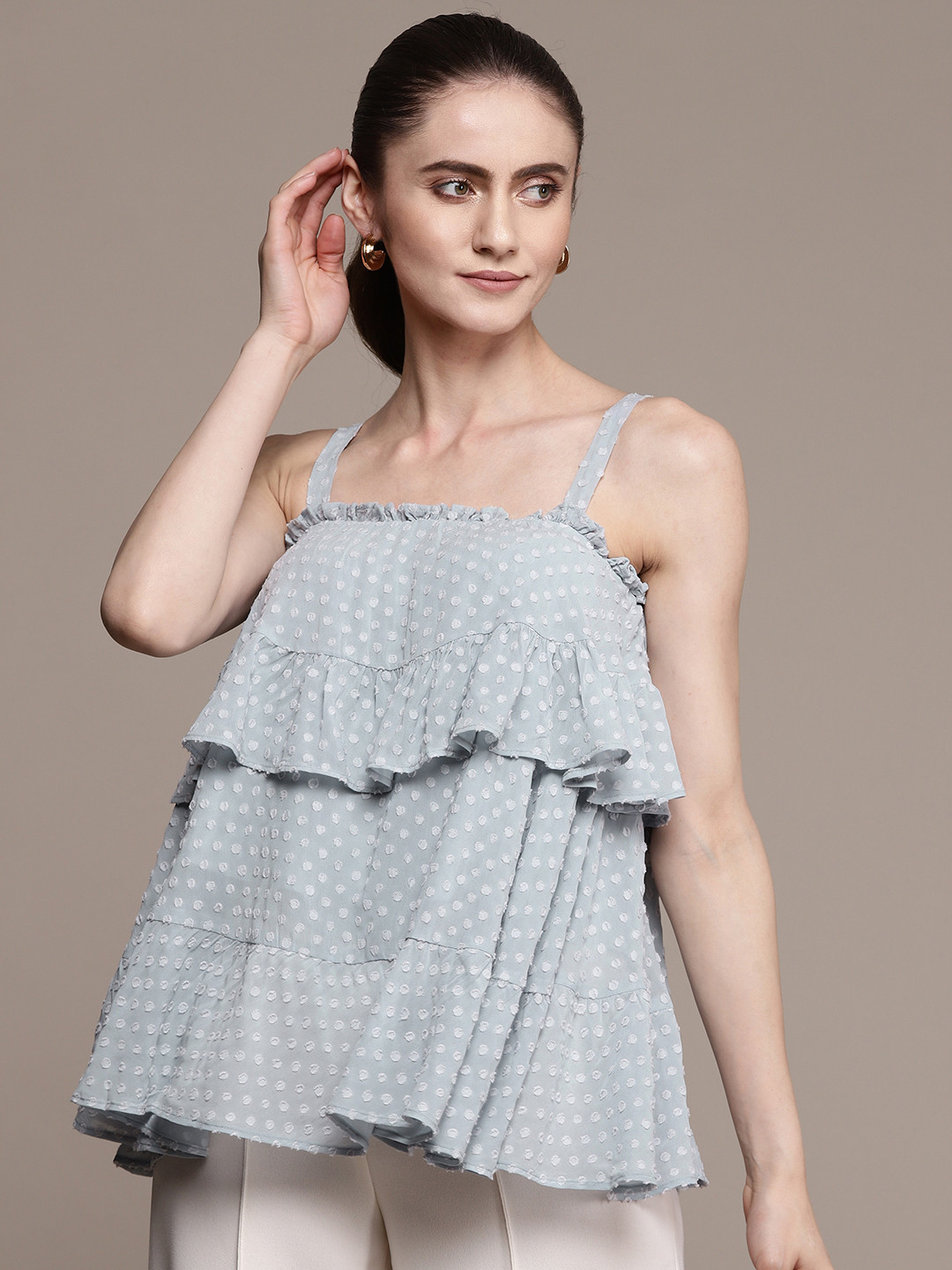 Label Ritu Kumar Blue Print Layered Georgette Peplum Top