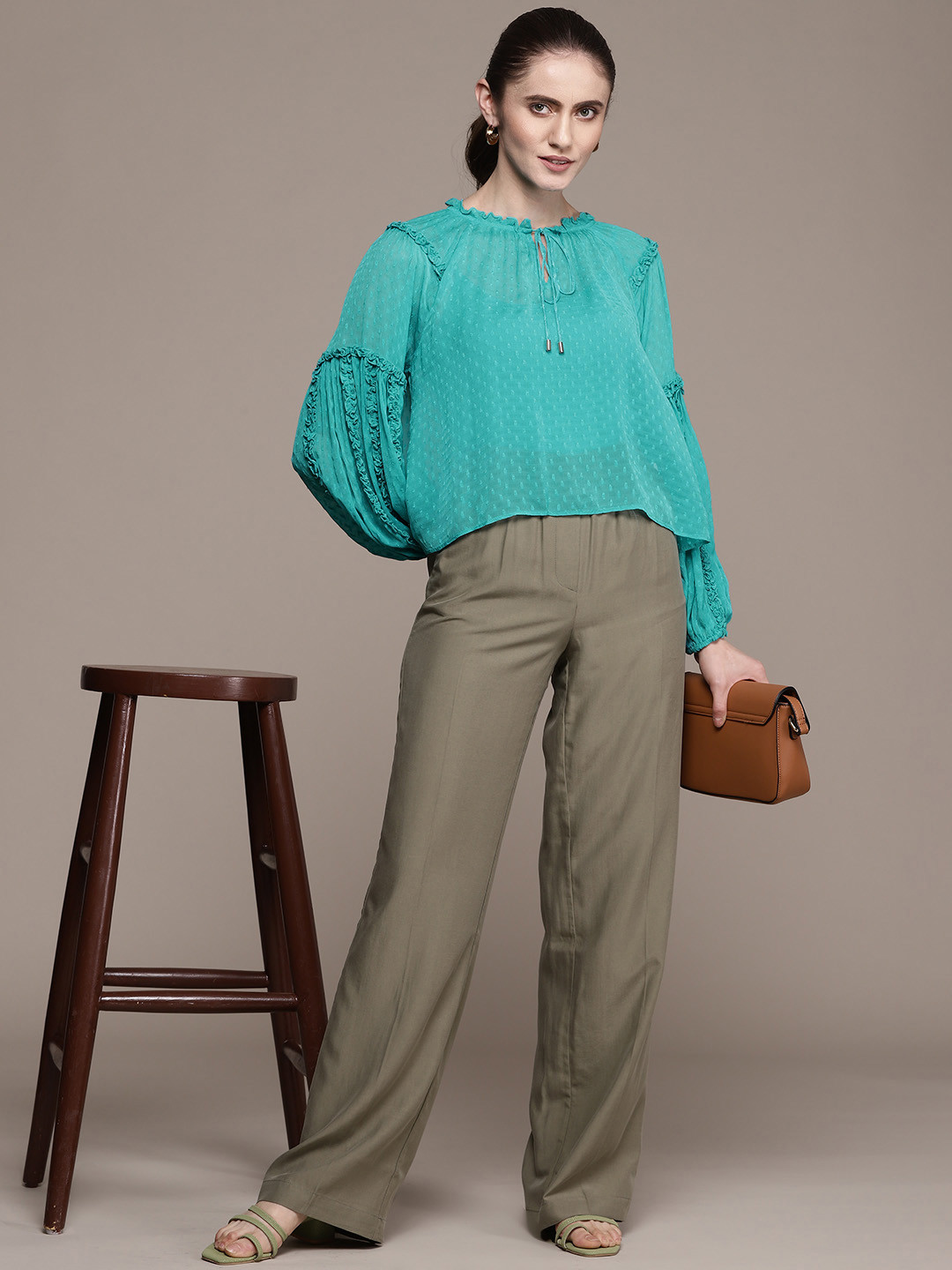 Label Ritu Kumar Women Green Chiffon Top with Camisole