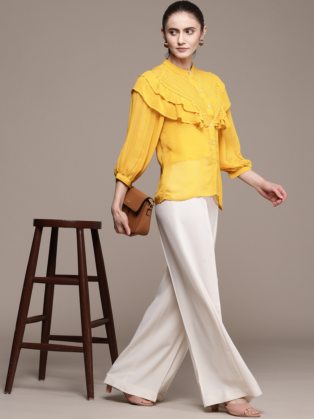 Label Ritu Kumar Women Yellow Relaxed Semi Sheer Casual Shirt & Camisole