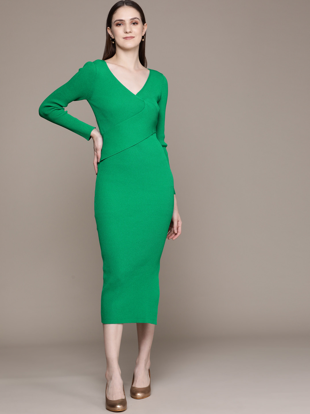 Label Ritu Kumar Women Green Bodycon Midi Dress