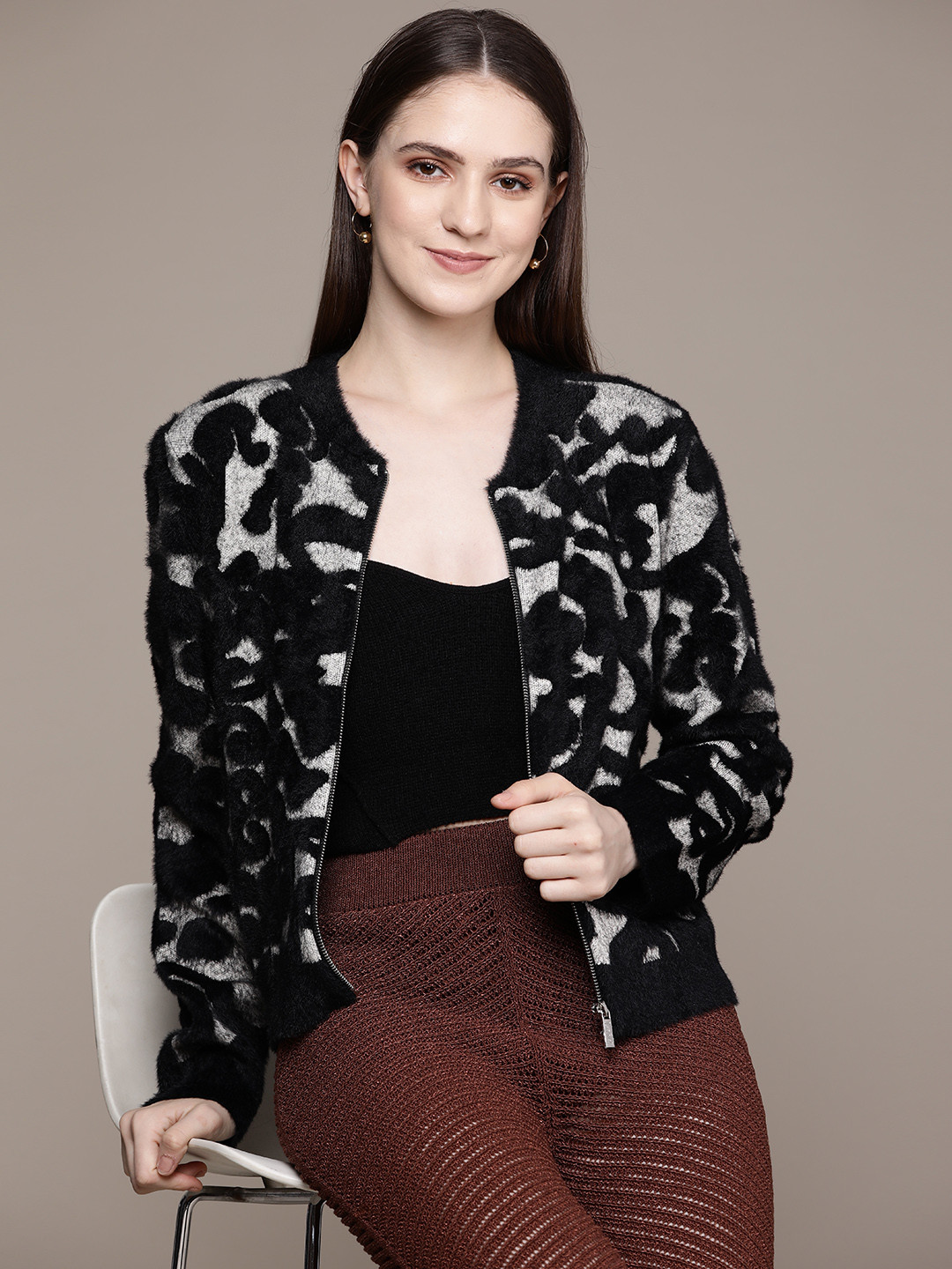 Label Ritu Kumar Women Black & White Open Front Jacket