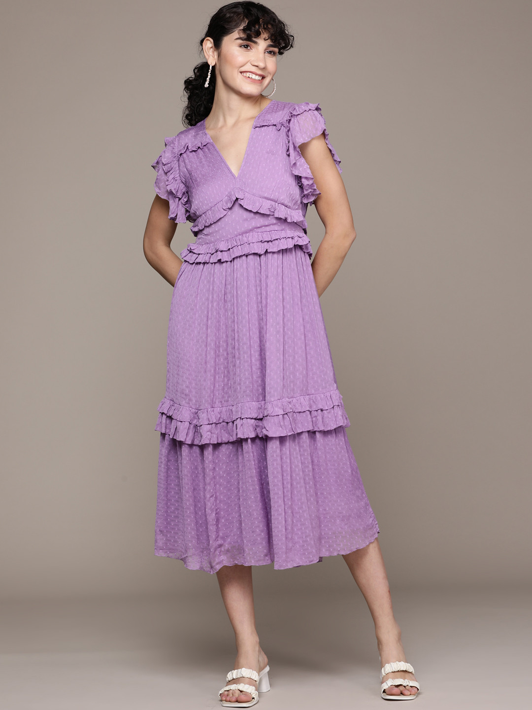 Label Ritu Kumar Women Purple Chiffon A-Line Midi Dress
