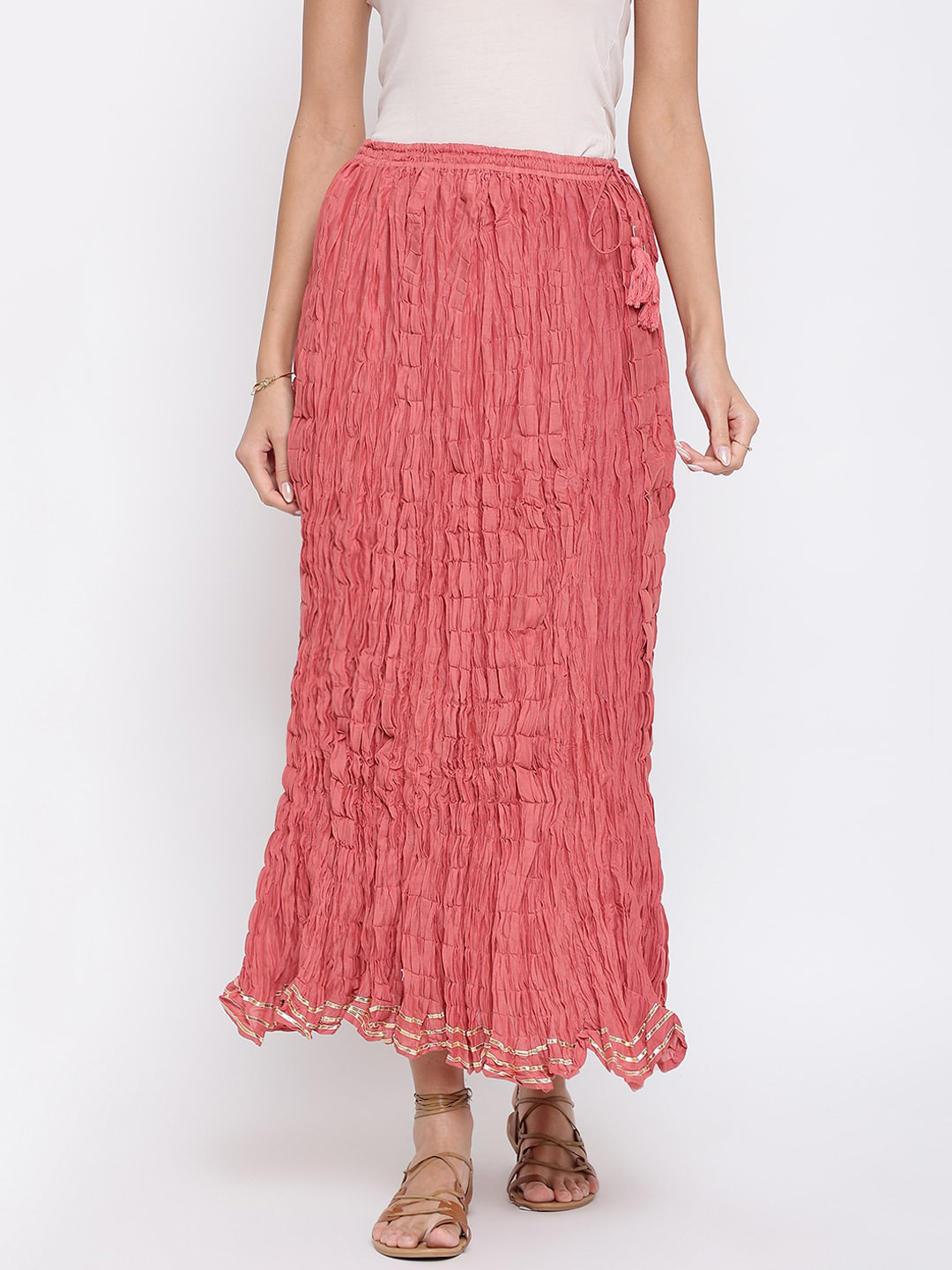 Fabindia Women Pink Solid Pure Cotton Flared Maxi Skirt