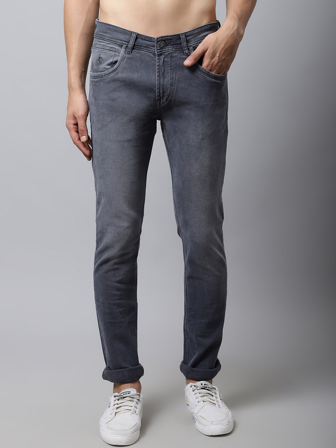 Cantabil Men Grey Solid Light Fade Regular Fit Jeans