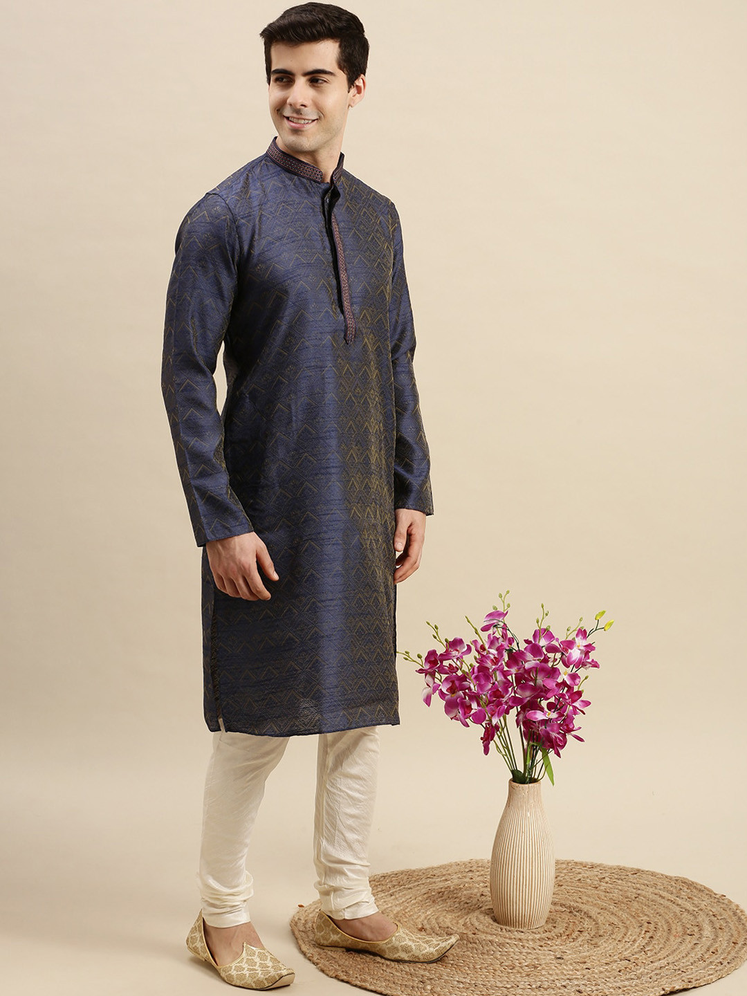 Here&Now X Sanwara  Men Blue Art Silk Kurta with Pyjama Set