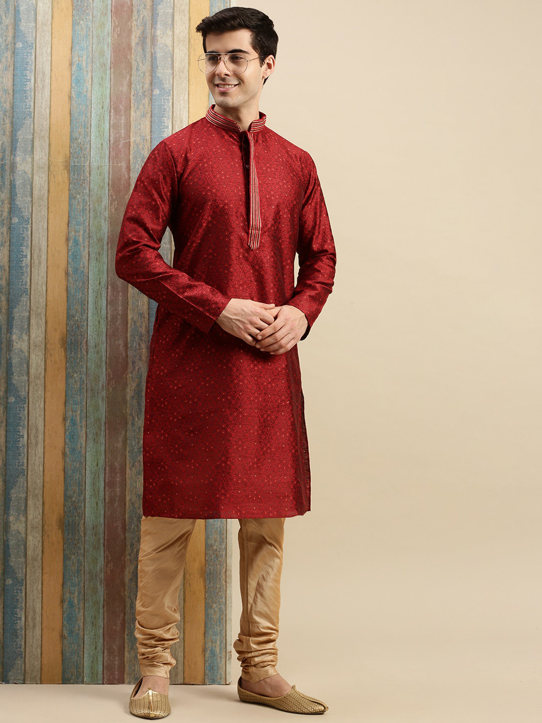 Here&Now X Sanwara  Men Maroon & Gold Thread Work Kurta with Pyjamas
