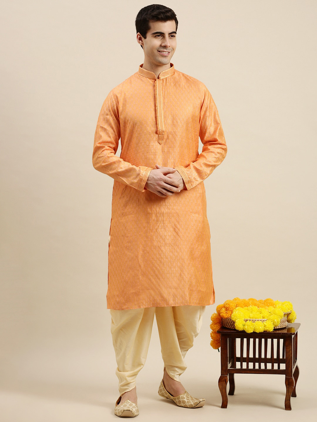 Here&Now X Sanwara  Men Orange Woven Design Ethnic Motifs Thread Work Art Silk Kurta with Dhoti Pants