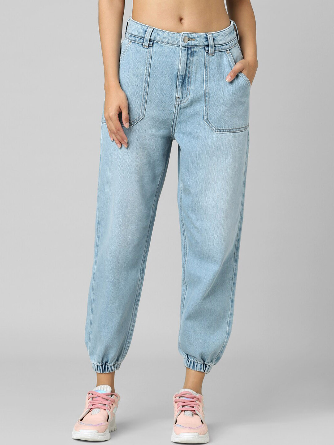 ONLY Women Medium Blue Solid High-Rise Denim Joggers Jeans