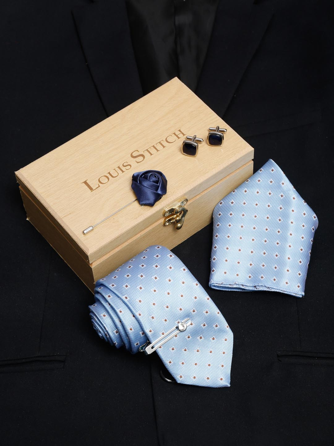 LOUIS STITCH Men Baby Blue Italian Silk Necktie Accessory Gift Set