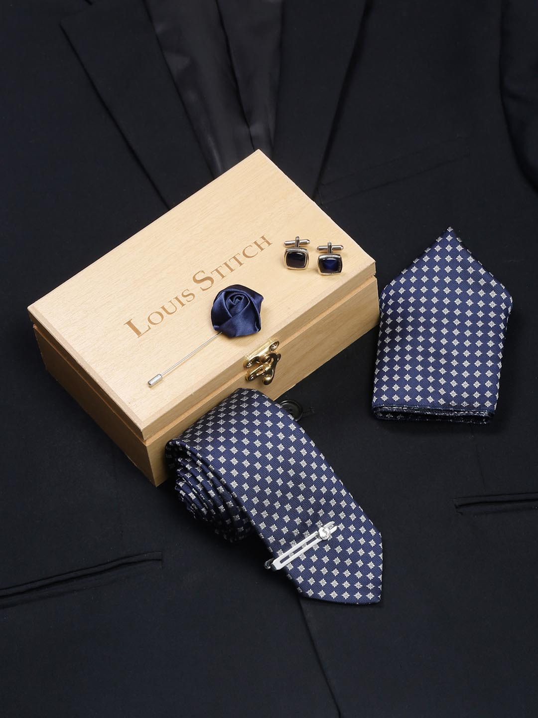 LOUIS STITCH Men Aegean Blue Italian Silk Necktie Accessory Gift Set