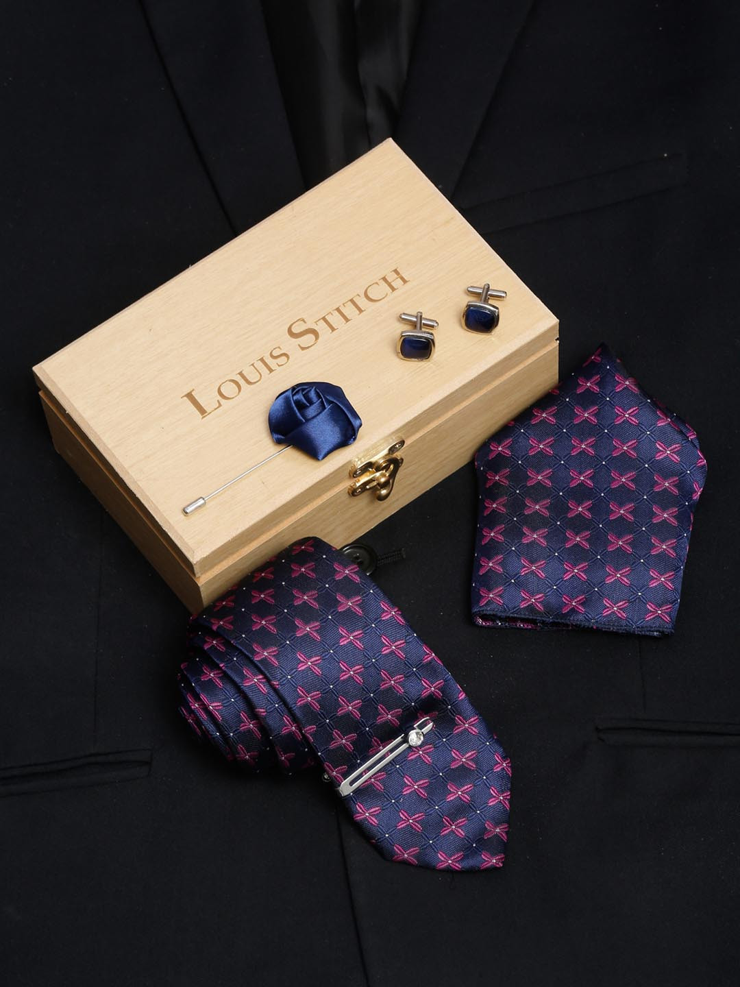 LOUIS STITCH Men Indigo Blue Italian Silk Necktie Accessory Gift Set