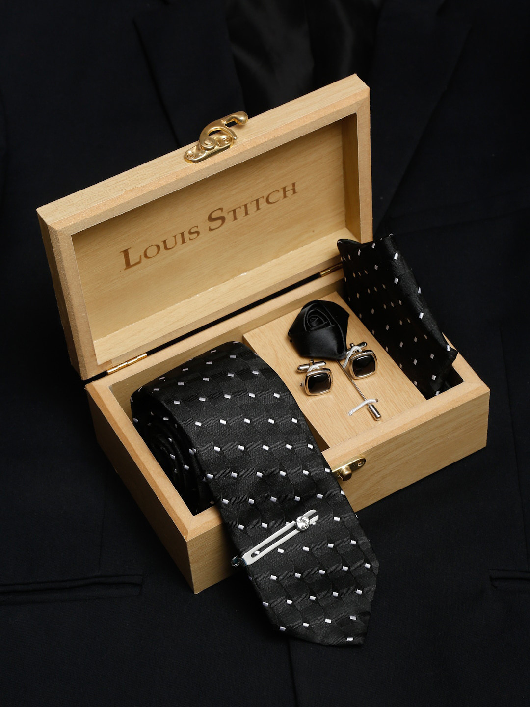 LOUIS STITCH Men's Raven Black Italian Silk Necktie Accessory Gift Set
