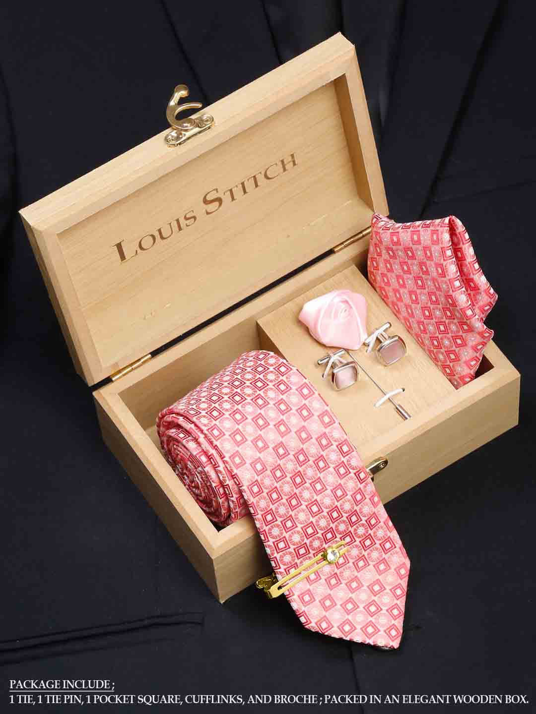 LOUIS STITCH Men Salmon Peach Italian Silk Necktie Accessory Gift Set