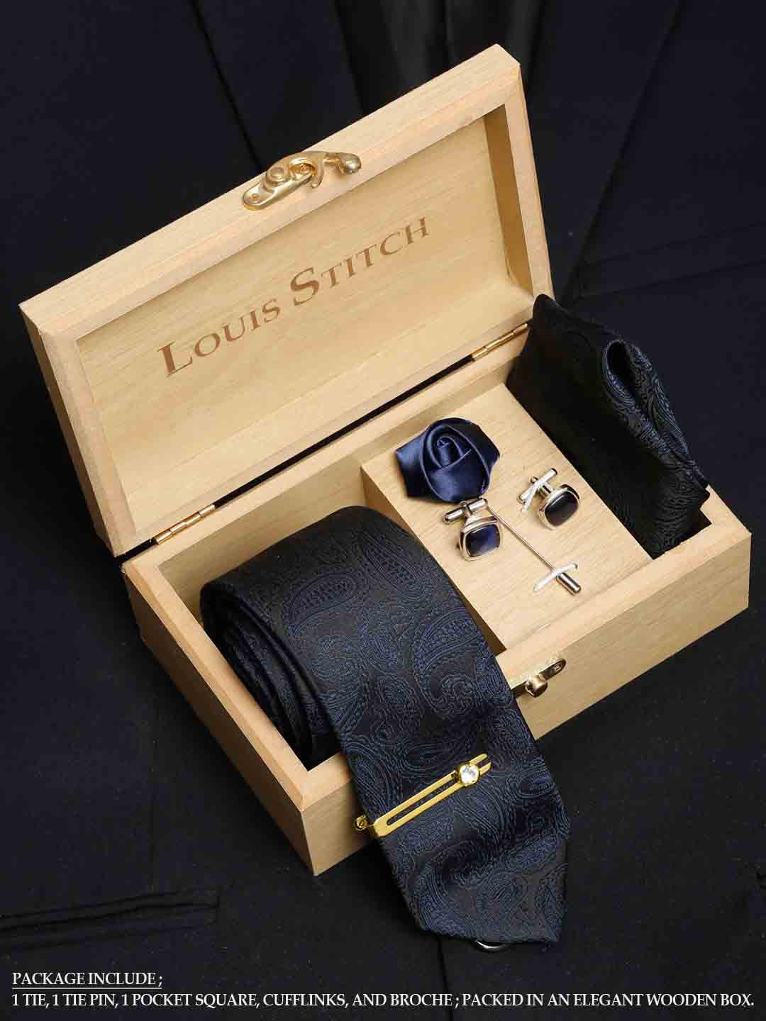 LOUIS STITCH Men Space Blue Italian Silk Necktie Accessory Gift Set