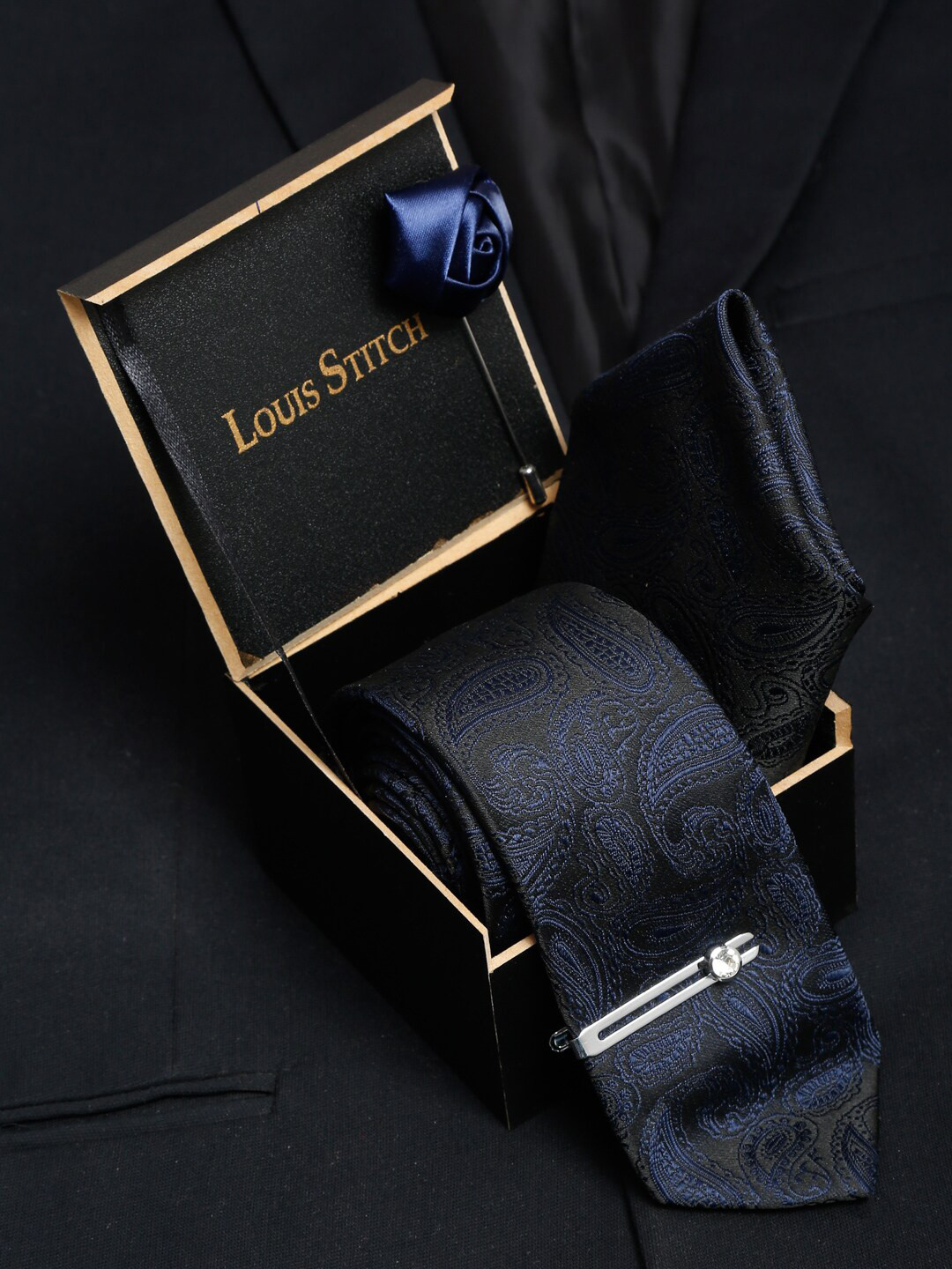 LOUIS STITCH Men Space Blue Italian Silk Necktie Accessory Gift Set