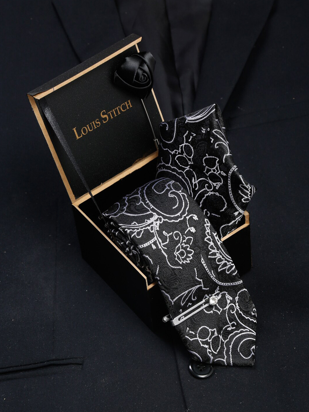 LOUIS STITCH Men Onyx Black Italian Silk Necktie Accessory Gift Set