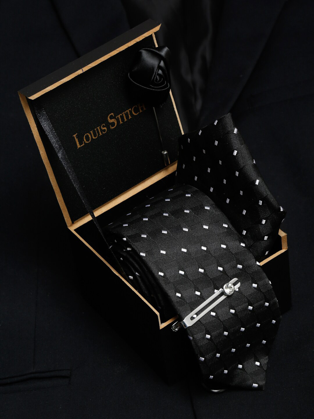 LOUIS STITCH Men's Raven Black Italian Silk Necktie Accessory Gift Set