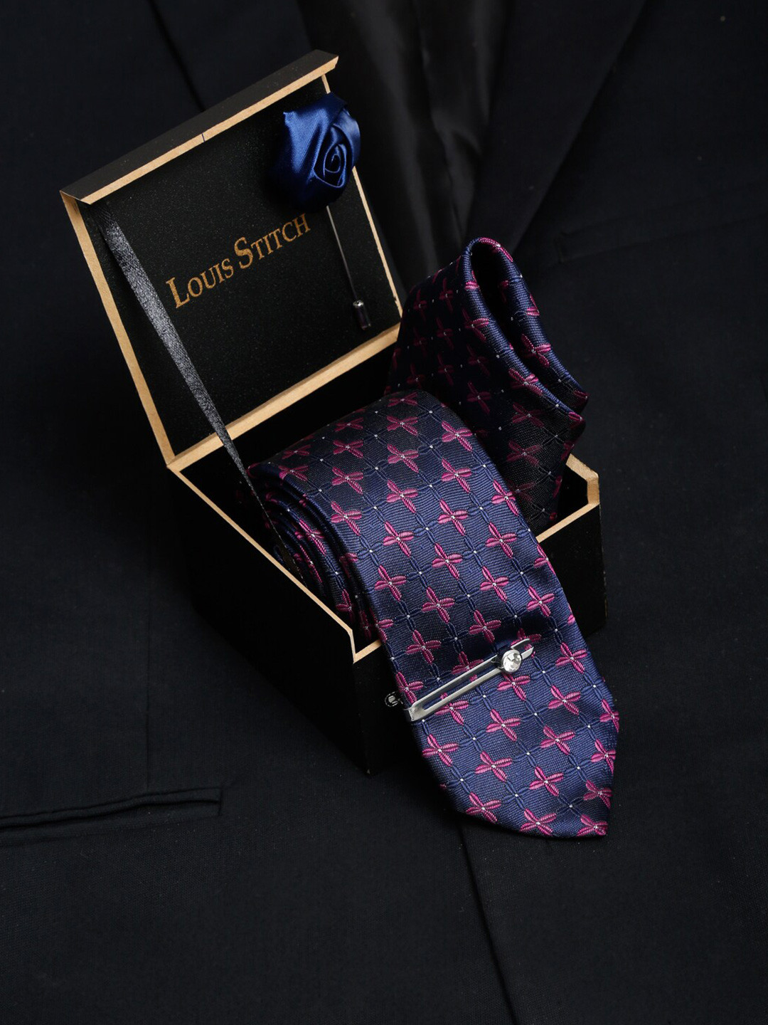 LOUIS STITCH Men Indigo Blue Italian Silk Necktie Accessory Gift Set