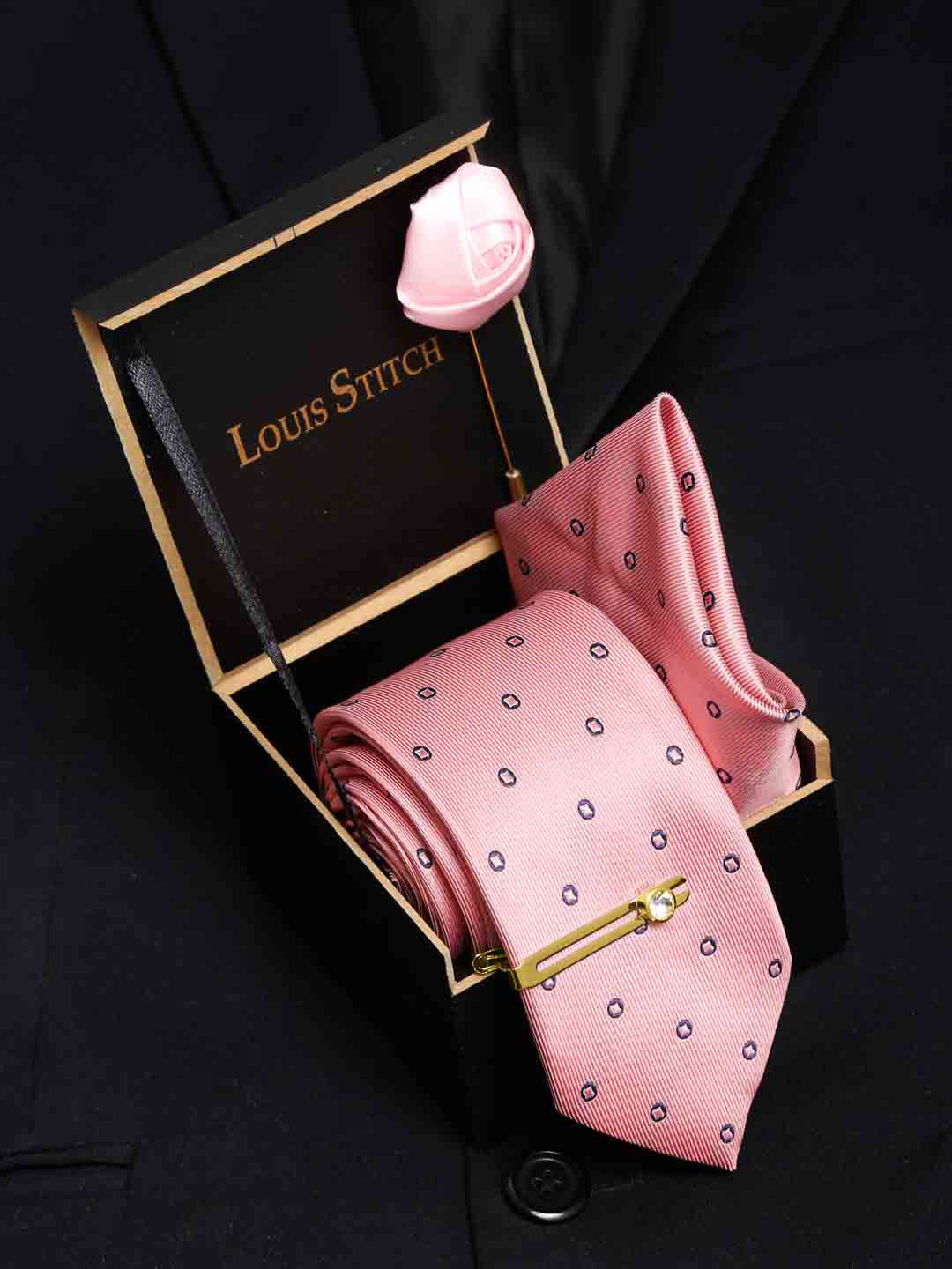 LOUIS STITCH Men Apricot Peach Italian Silk Necktie Accessory Gift Set