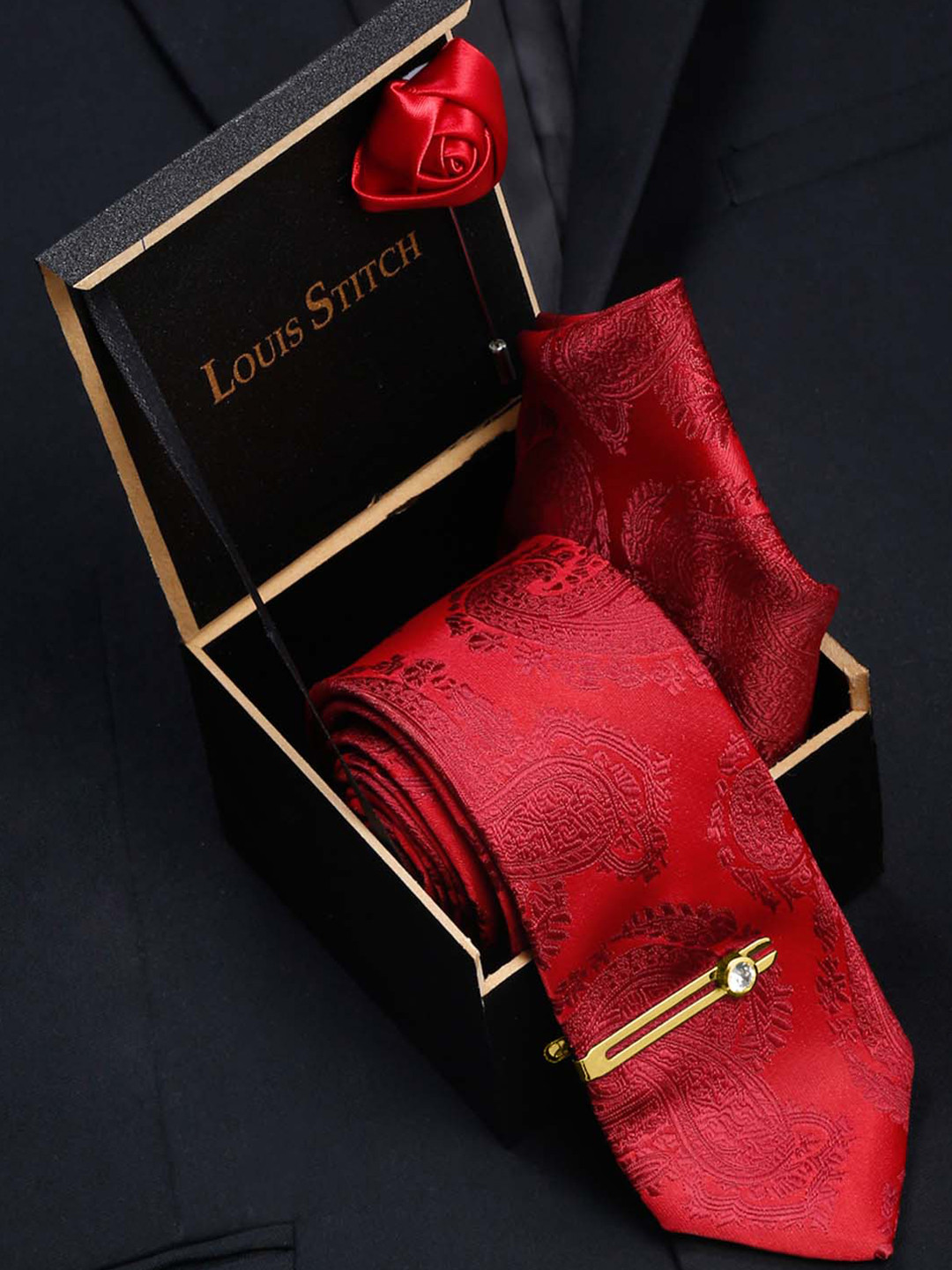 LOUIS STITCH Men Scarlet Red Italian Silk Necktie Accessory Gift Set