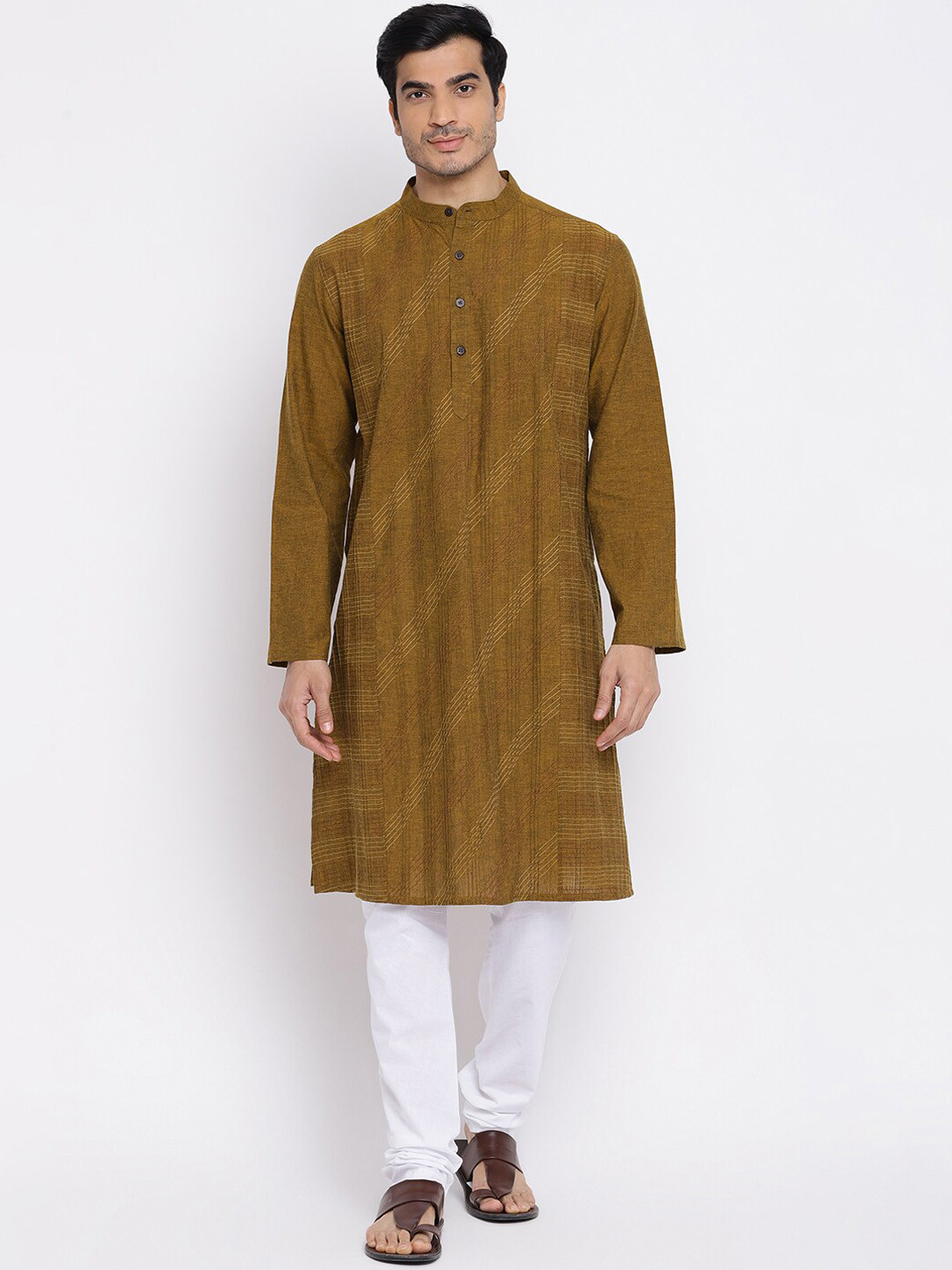 Fabindia Men Olive Green Thread Work Pin Tucks Pure Cotton Kurta