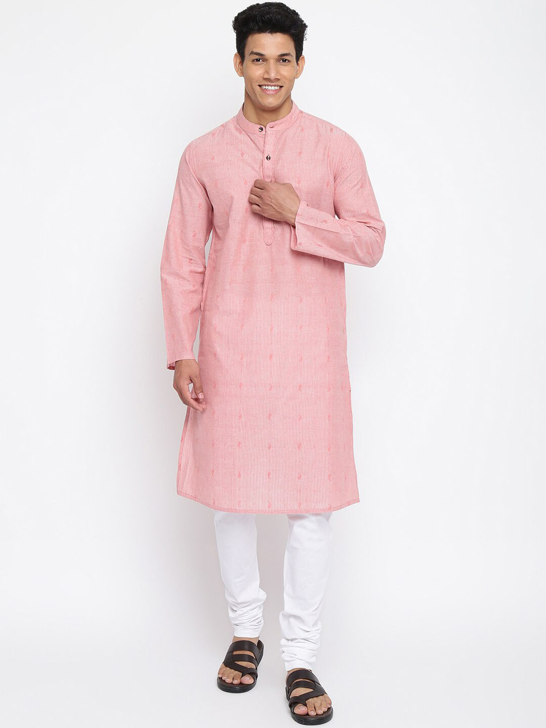 Fabindia Men Pink Geometric Thread Work Cotton Kurta