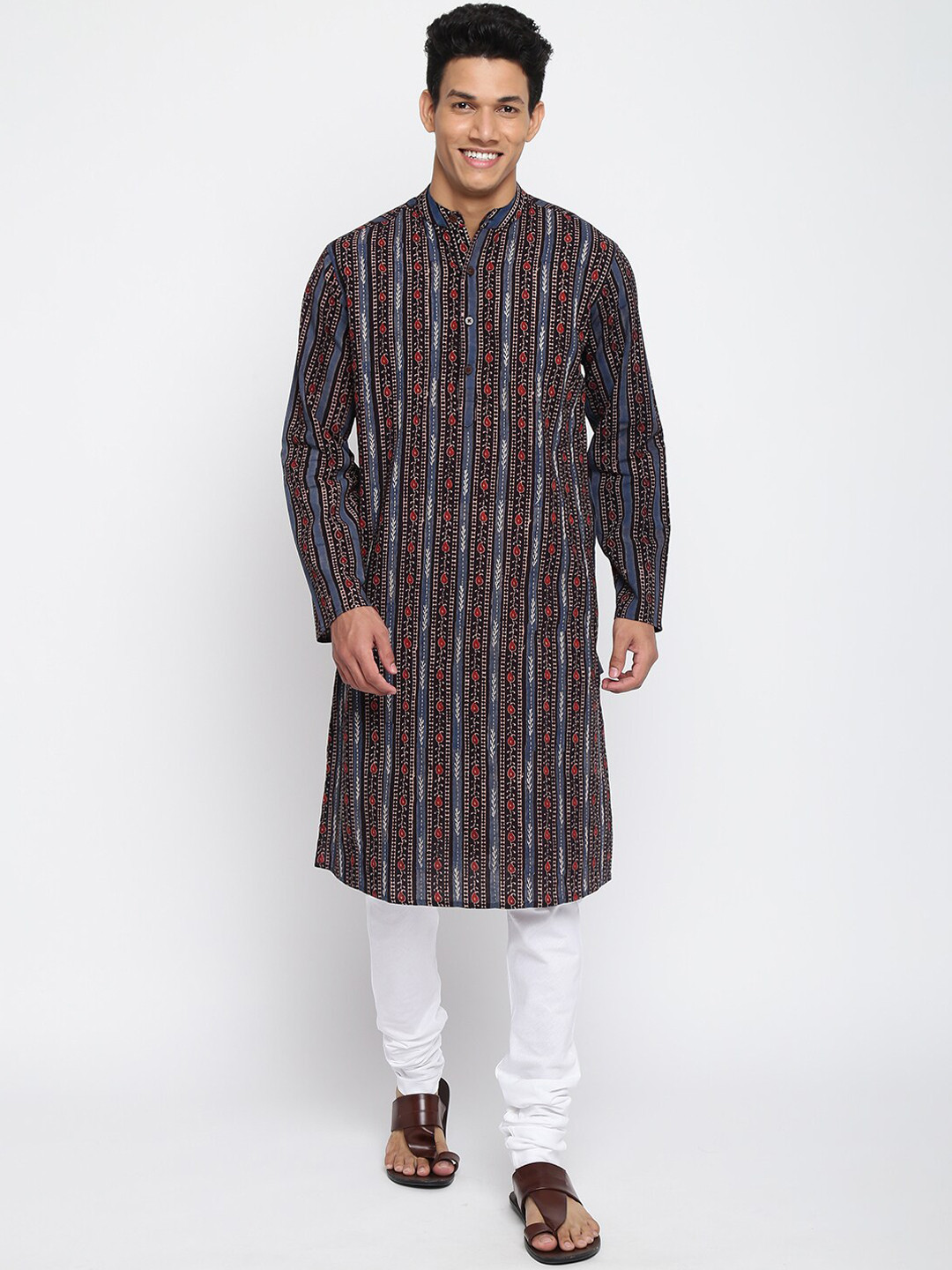 Fabindia Men Black Printed Cotton Kurta