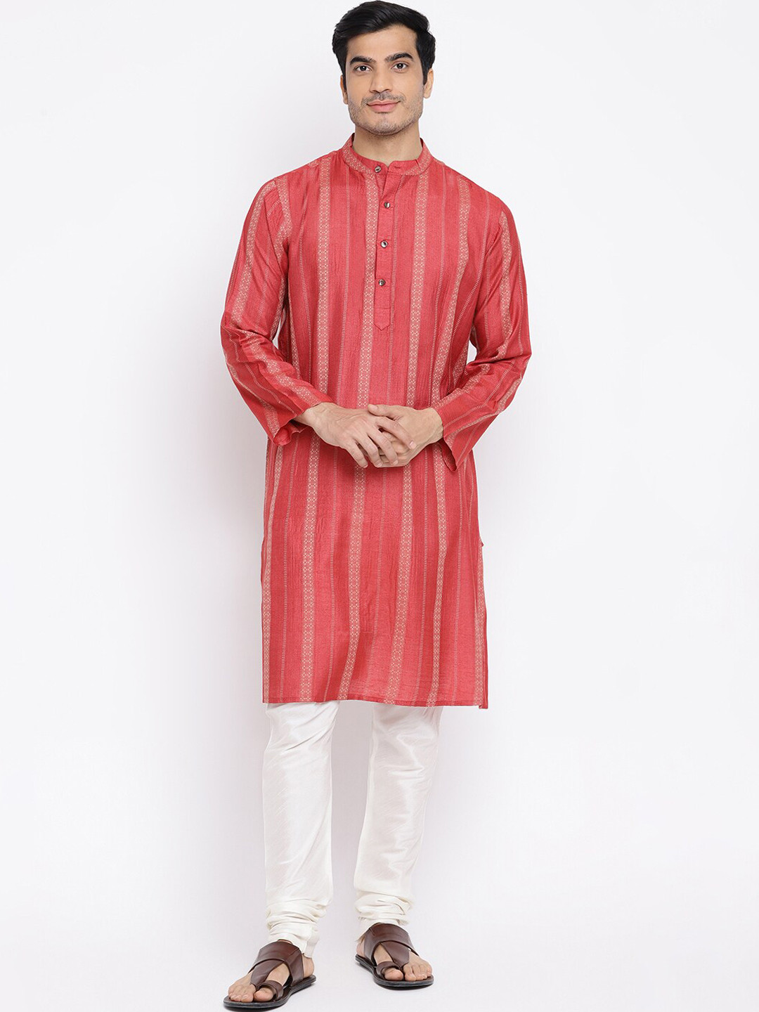 Fabindia Men Magenta Woven Design Kurta