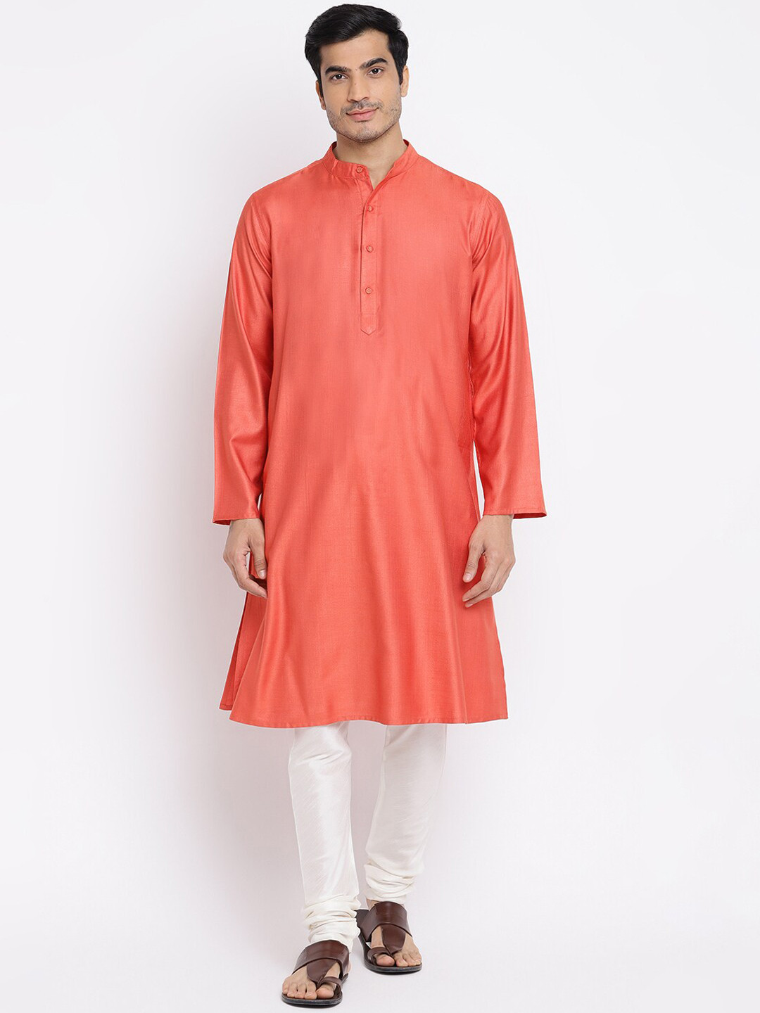 Fabindia Men Coral Solid Long Sleeves Straight Kurta